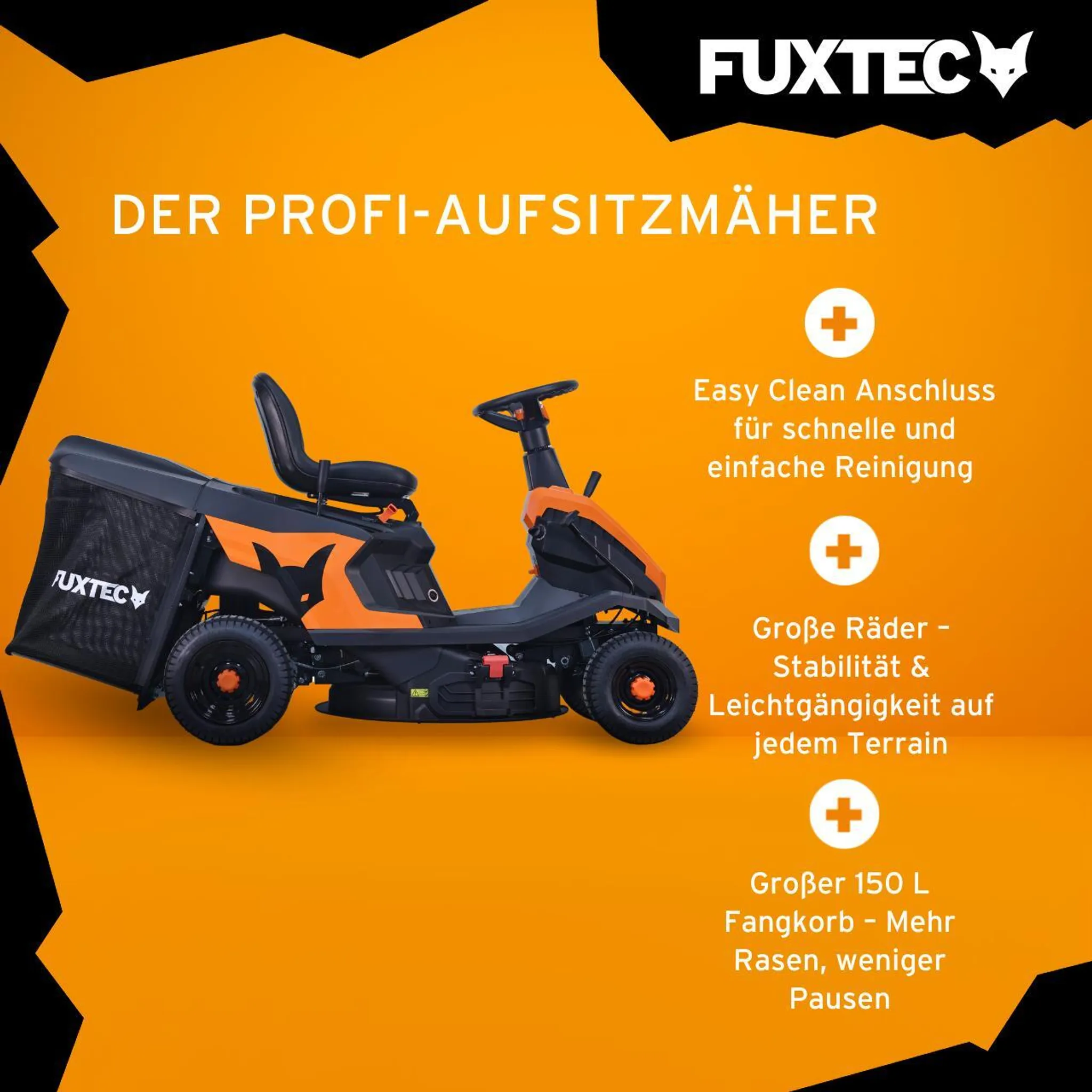FUXTEC Aufsitzmäher FX-RMR66, Rasentraktor 6PS, Schnittbreite 66 cm, 150 L Fangsack, Schnitthöhe verstellbar, inkl. Trichter für Seitenauswurf – Bild 4