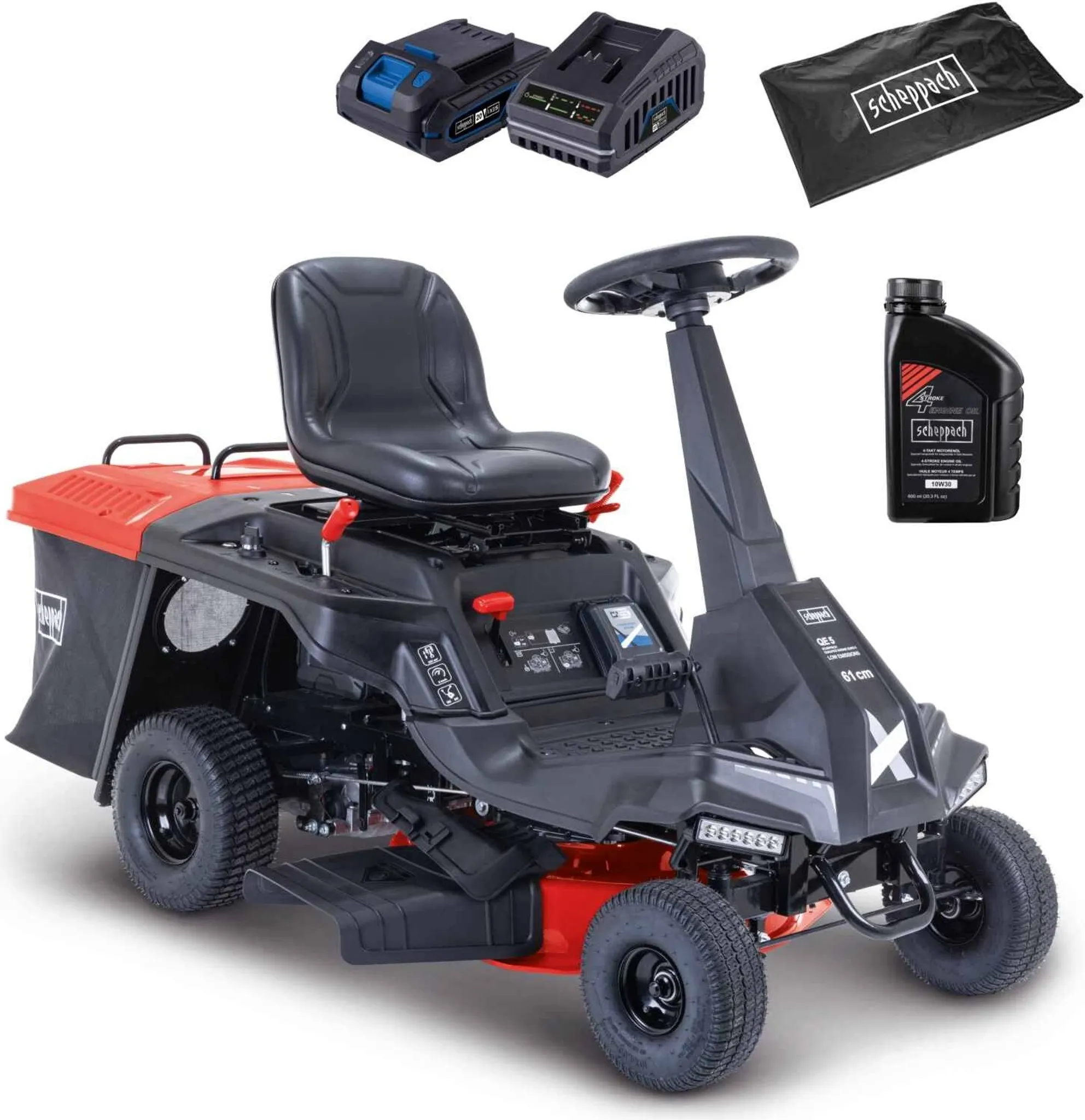 Scheppach MR235-61 Benzin Aufsitzrasenmäher  6PS | 61cm Schnittbreite | 150L Korb | LED | E-Start | 4 Vorwärtsgänge Aufsitzmäher inkl. Öl & Motorhaube