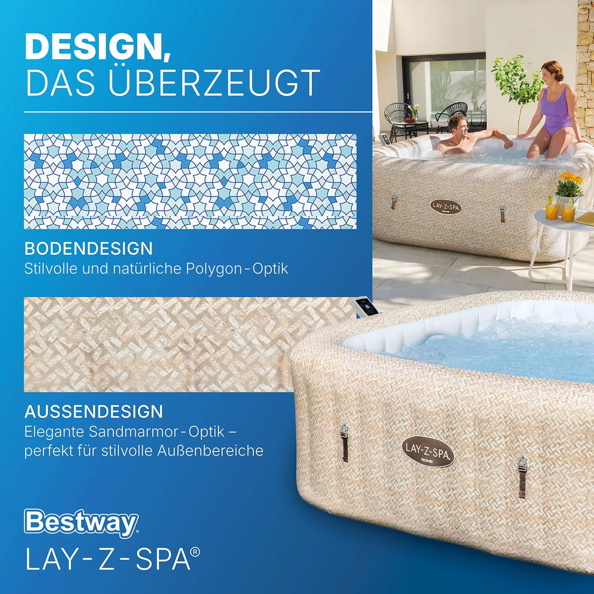 Bestway® LAY-Z-SPA® Energiespar-Whirlpool Rome AirJet™ mit App-Steuerung + integrierter UltraFit™ -Pumpeneinheit, für 7 Personen 201 x 201 x 71 cm, Sandmarmor-Optik – Bild 10
