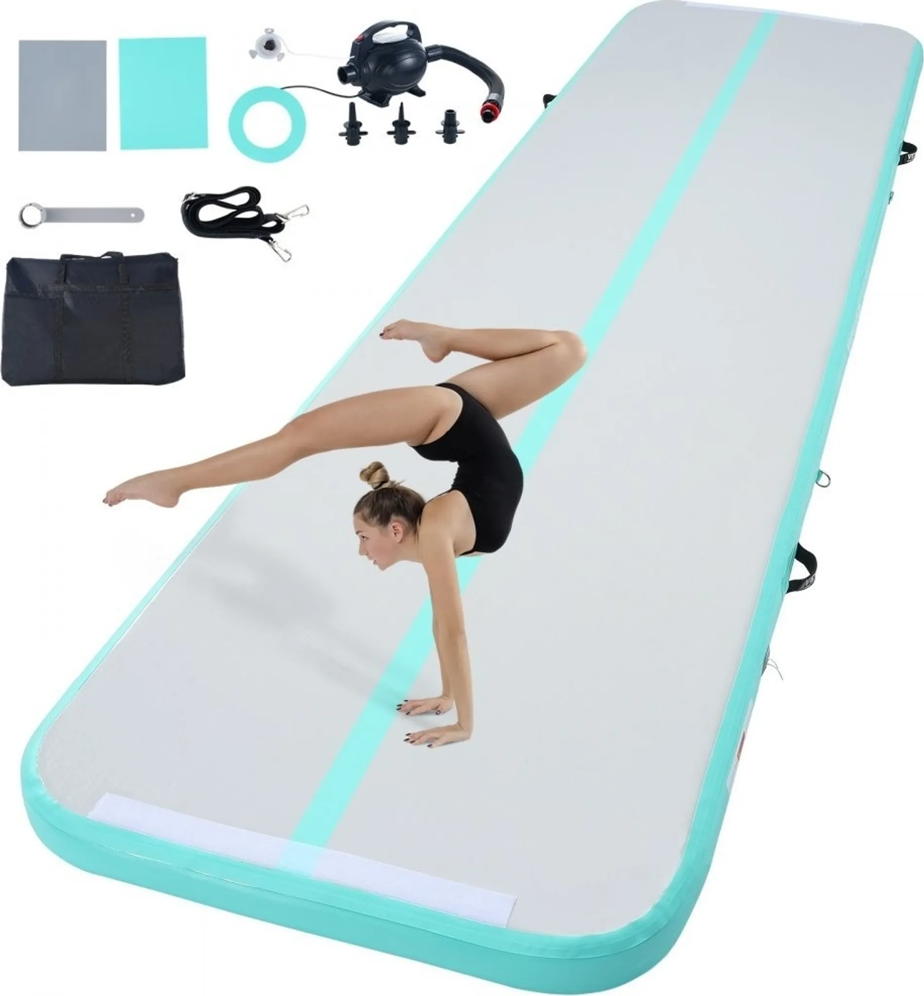 Gymnastik-Luftmatte - 10 cm Dick - Aufblasbare Gymnastikmatte - Tumbling-Matte mit Elektrischer Pumpe - Trainingsmatte für Zuhause/Fitnessstudio/Yoga/Cheerleading - Grün - Strand/Park