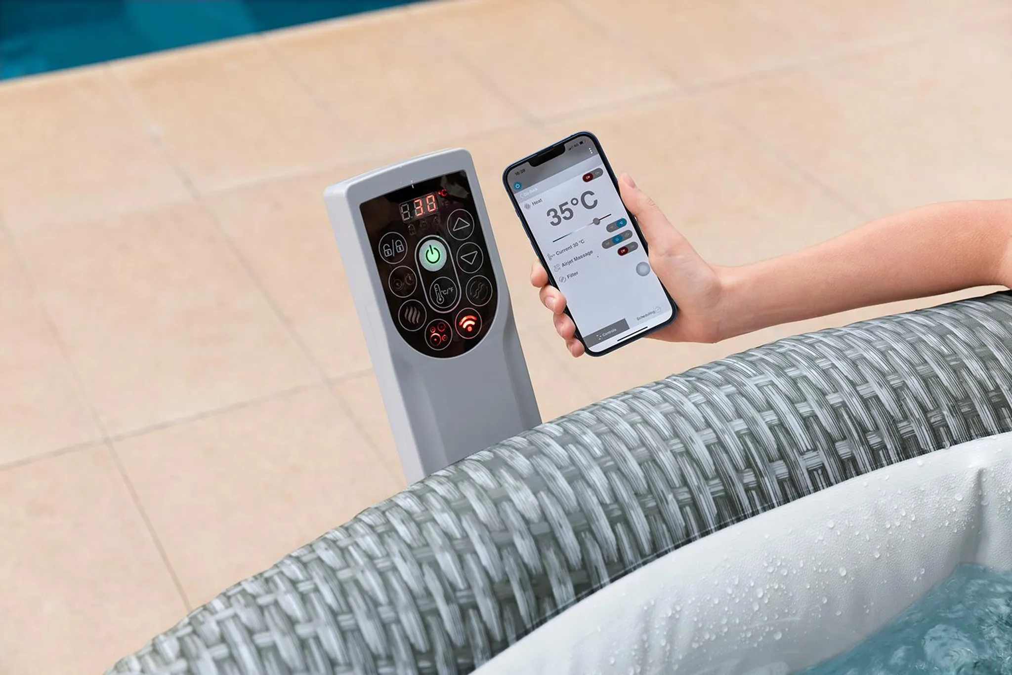 Bestway® LAY-Z-SPA® Energiespar-Whirlpool Bali AirJet™ mit App-Steuerung + integrierter UltraFit™ -Pumpeneinheit, für 6 Personen Ø 196 x 71 cm, Rattan-Optik (Lichtgrau) – Bild 7