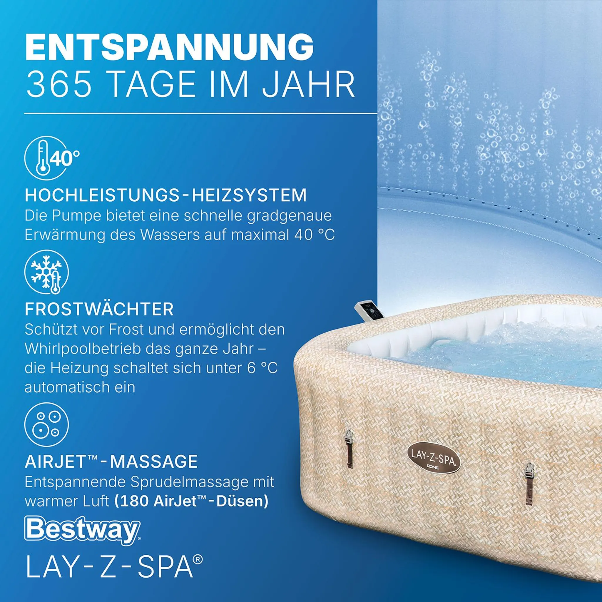 Bestway® LAY-Z-SPA® Energiespar-Whirlpool Rome AirJet™ mit App-Steuerung + integrierter UltraFit™ -Pumpeneinheit, für 7 Personen 201 x 201 x 71 cm, Sandmarmor-Optik – Bild 7