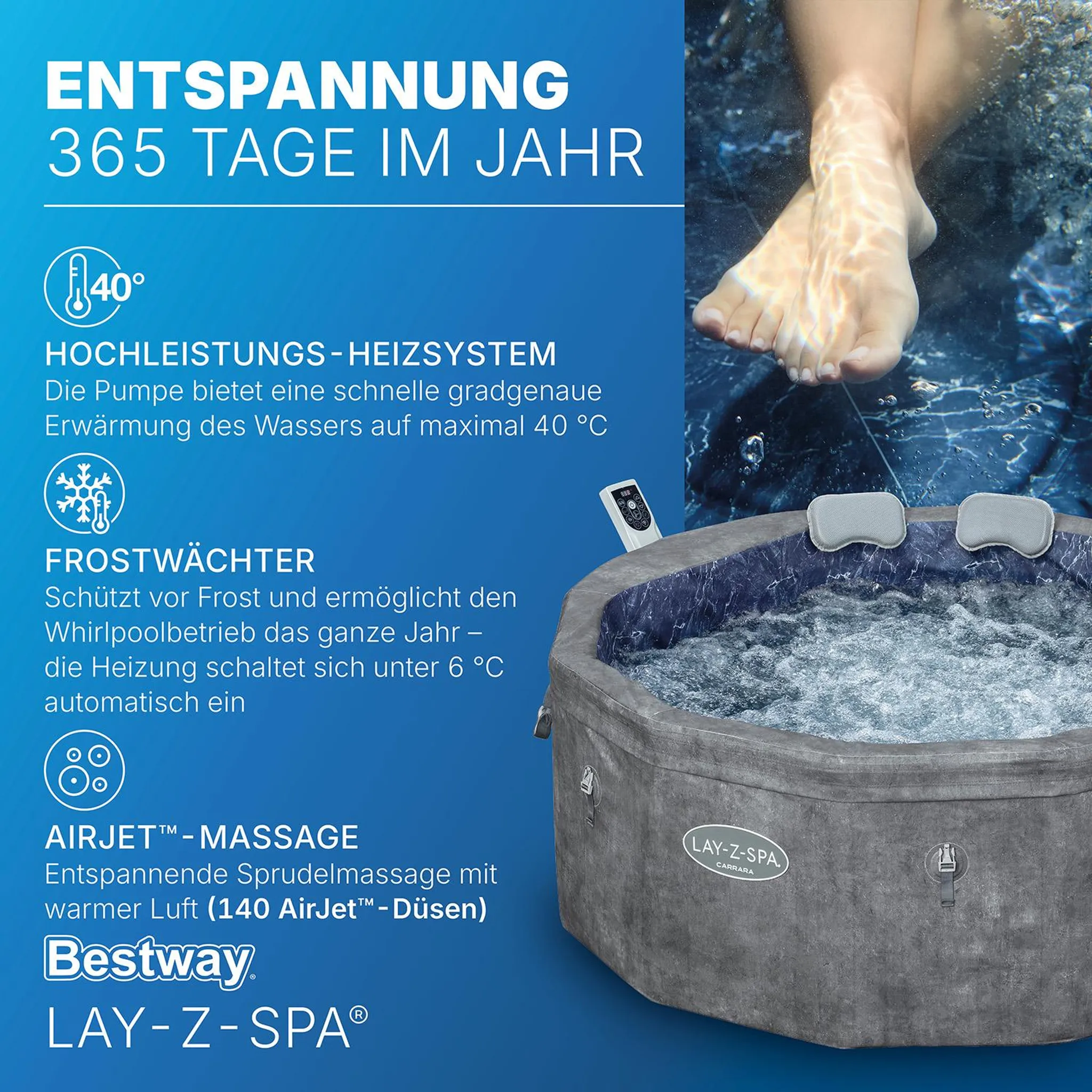 Bestway® LAY-Z-SPA® Energiespar-Whirlpool mitSchaumstoffpaneelen Carrara AirJet™ mit App-Steuerung + integrierter UltraFit™ -Pumpeneinheit, für 6 Personen Ø 170 x 65 cm, Dunkle Alabaster-Optik – Bild 6