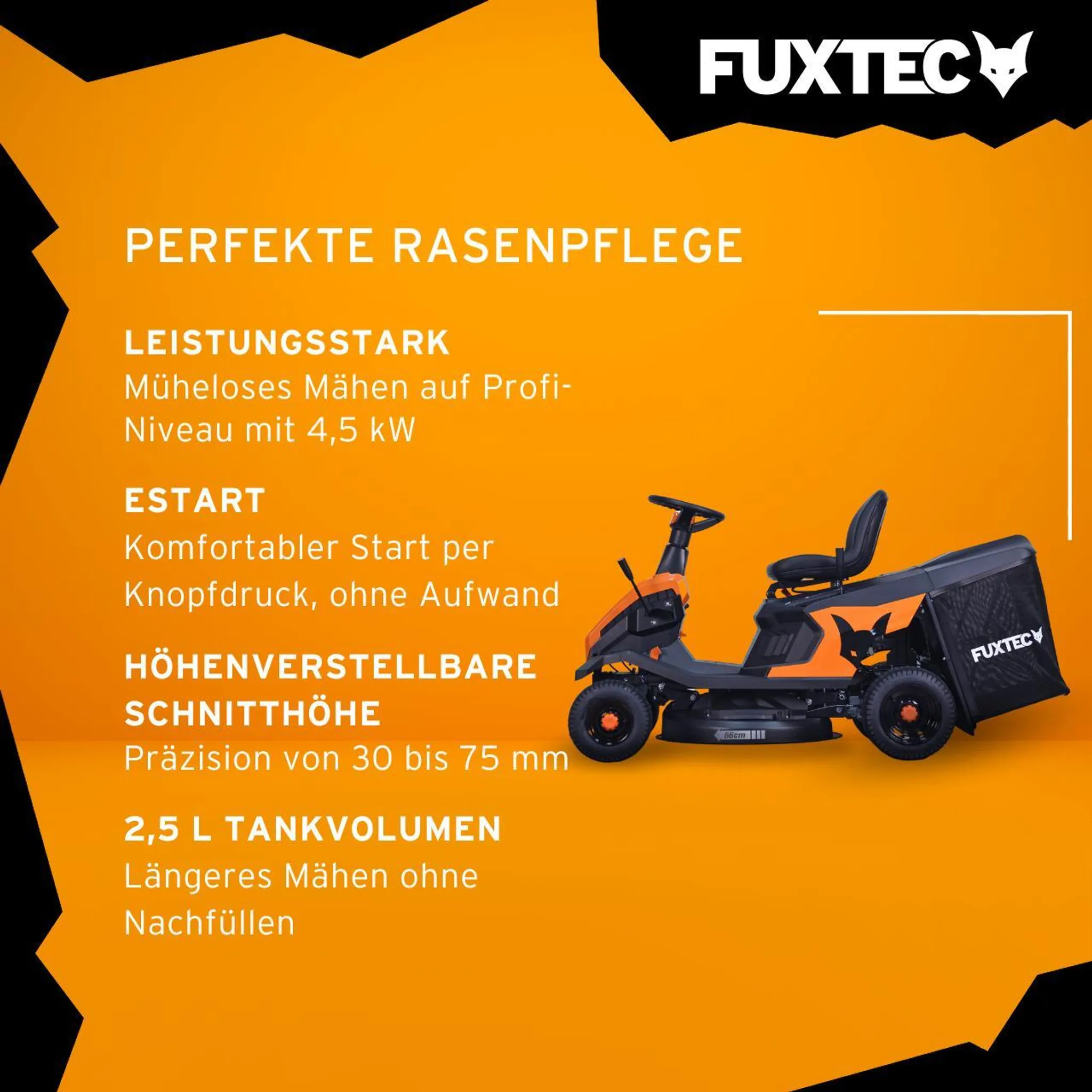 FUXTEC Aufsitzmäher FX-RMR66, Rasentraktor 6PS, Schnittbreite 66 cm, 150 L Fangsack, Schnitthöhe verstellbar, inkl. Trichter für Seitenauswurf – Bild 5