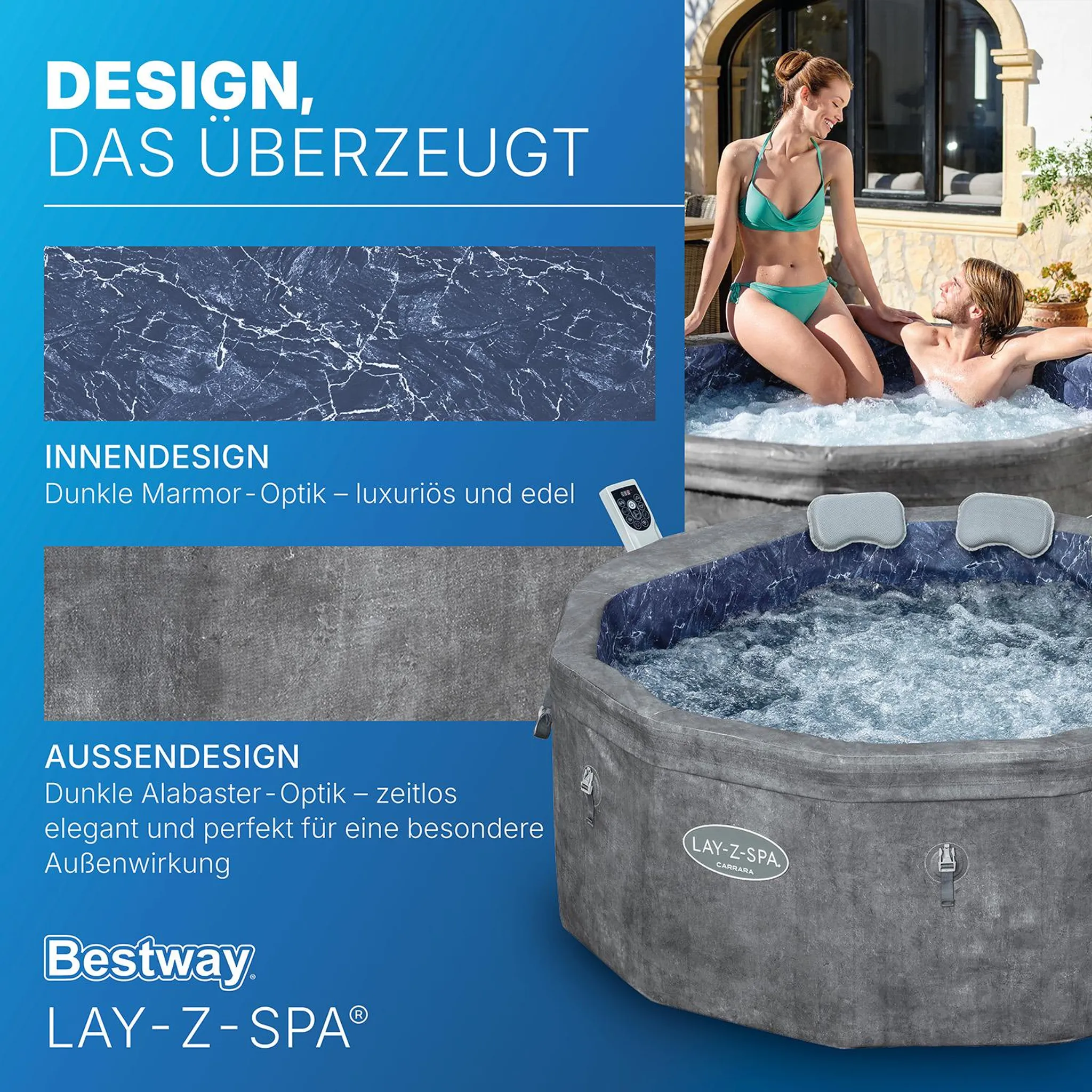 Bestway® LAY-Z-SPA® Energiespar-Whirlpool mitSchaumstoffpaneelen Carrara AirJet™ mit App-Steuerung + integrierter UltraFit™ -Pumpeneinheit, für 6 Personen Ø 170 x 65 cm, Dunkle Alabaster-Optik – Bild 9