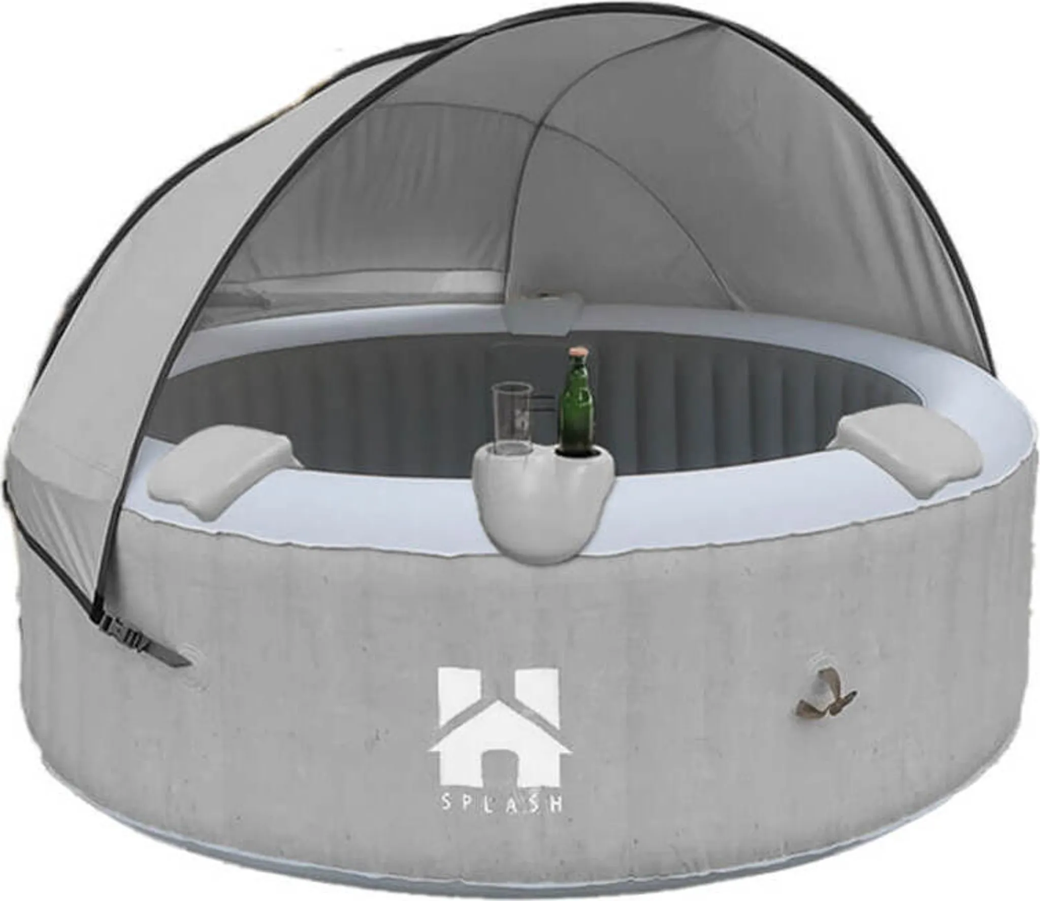 HOME DELUXE - Outdoor Whirlpool - SPLASH + Kissen, Getränkehalter und Sonnendach - Farbe: Beton- ⌀ 208 cm, 130 Luftdüsen - inkl. Abdeckung, Reparaturset, Filterset I Außen Spa für 6 Personen
