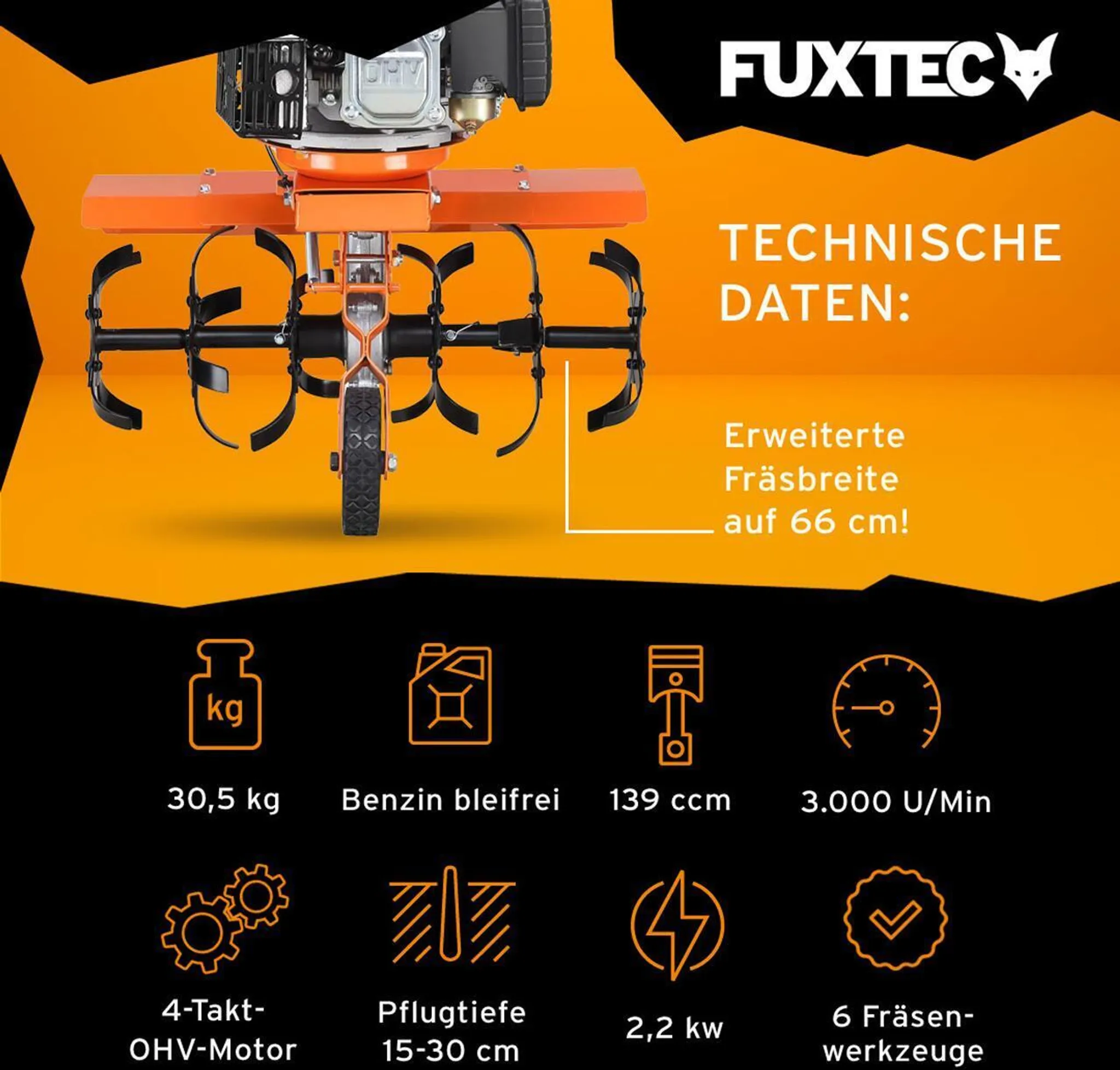 FUXTEC Ackerfräse FX-AF1139-SET - 36-66cm Breite | 4-Takt | 139ccm | 33,6kg | 1,2L | 2,2kw | Easy-Starter – Bild 3