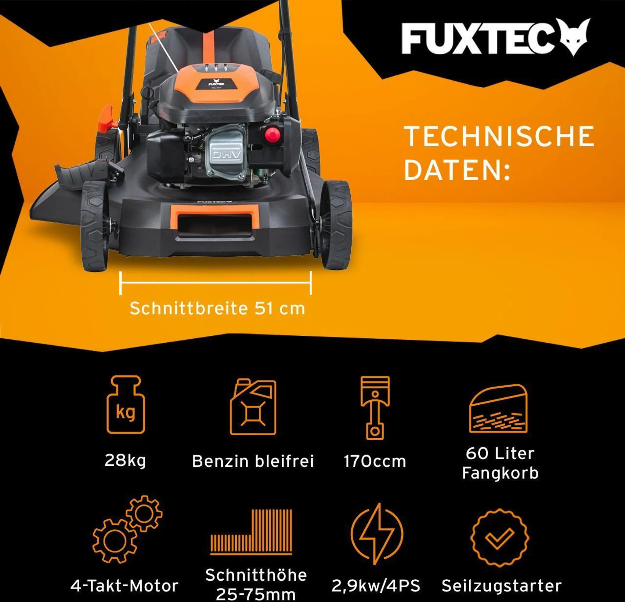 FUXTEC Benzin Rasenmäher FX-RM5170 - 170ccm | 51cm | 28Kg | 4-Takt | Selbstantrieb | Mulchfunktion | Seitenauswurf | 60L Fangkorb | bis 1000m² – Bild 3