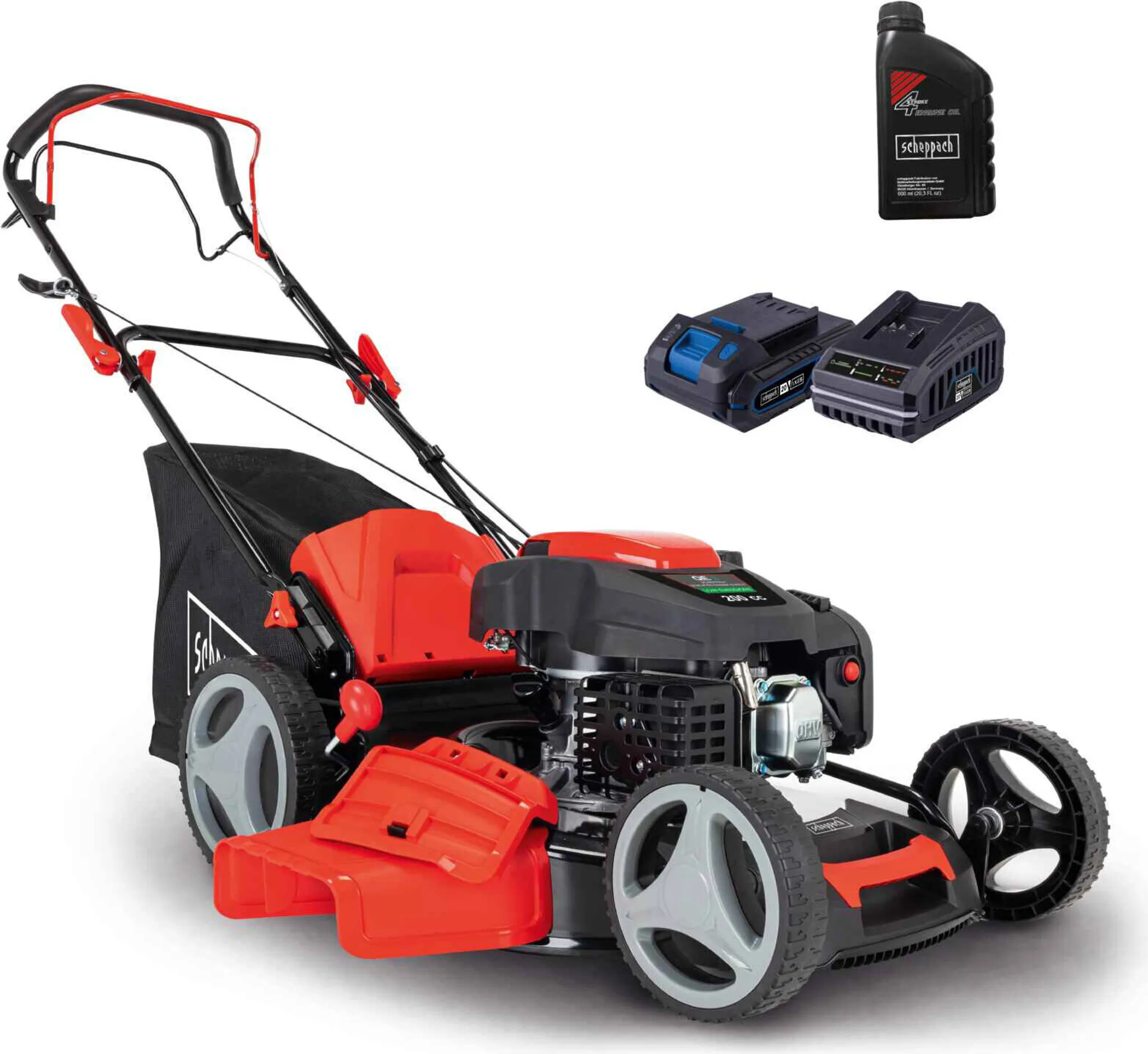 Scheppach Benzin Rasenmäher MS200-51E mit Radantrieb & E-Start | 51 cm Schnittbreite | 5,2 PS | 65 L Korb | 7 Stufen Höhenverstellung | inkl. Motoröl