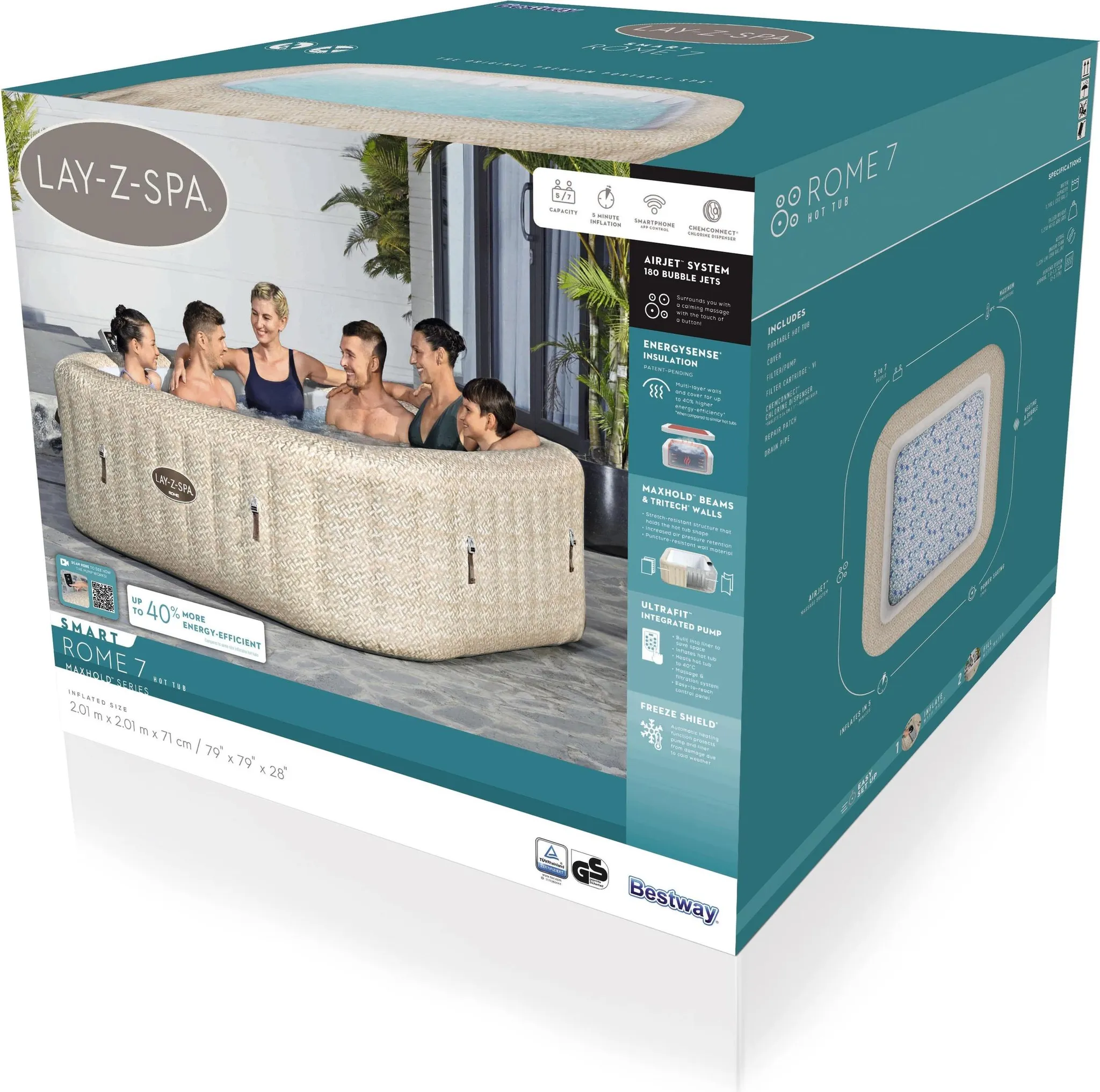 Bestway® LAY-Z-SPA® Energiespar-Whirlpool Rome AirJet™ mit App-Steuerung + integrierter UltraFit™ -Pumpeneinheit, für 7 Personen 201 x 201 x 71 cm, Sandmarmor-Optik – Bild 3