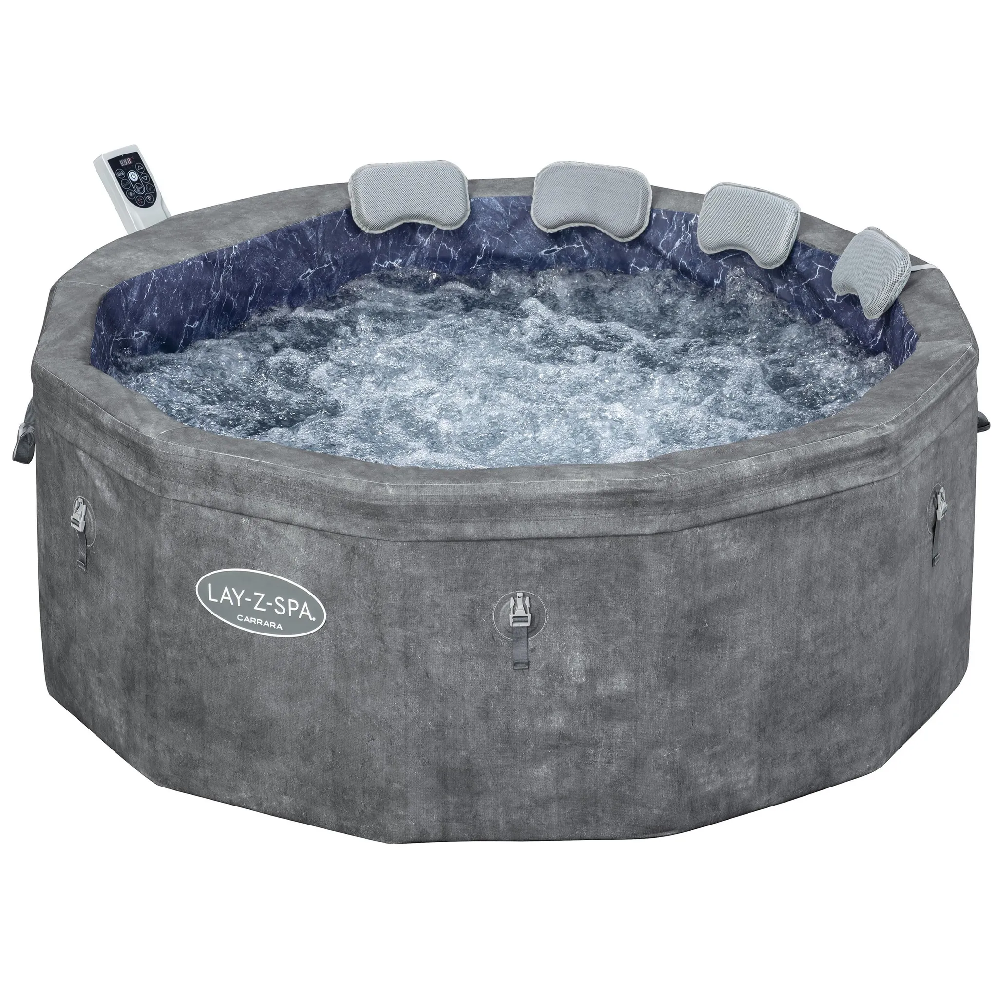 Bestway® LAY-Z-SPA® Energiespar-Whirlpool mitSchaumstoffpaneelen Carrara AirJet™ mit App-Steuerung + integrierter UltraFit™ -Pumpeneinheit, für 6 Personen Ø 170 x 65 cm, Dunkle Alabaster-Optik