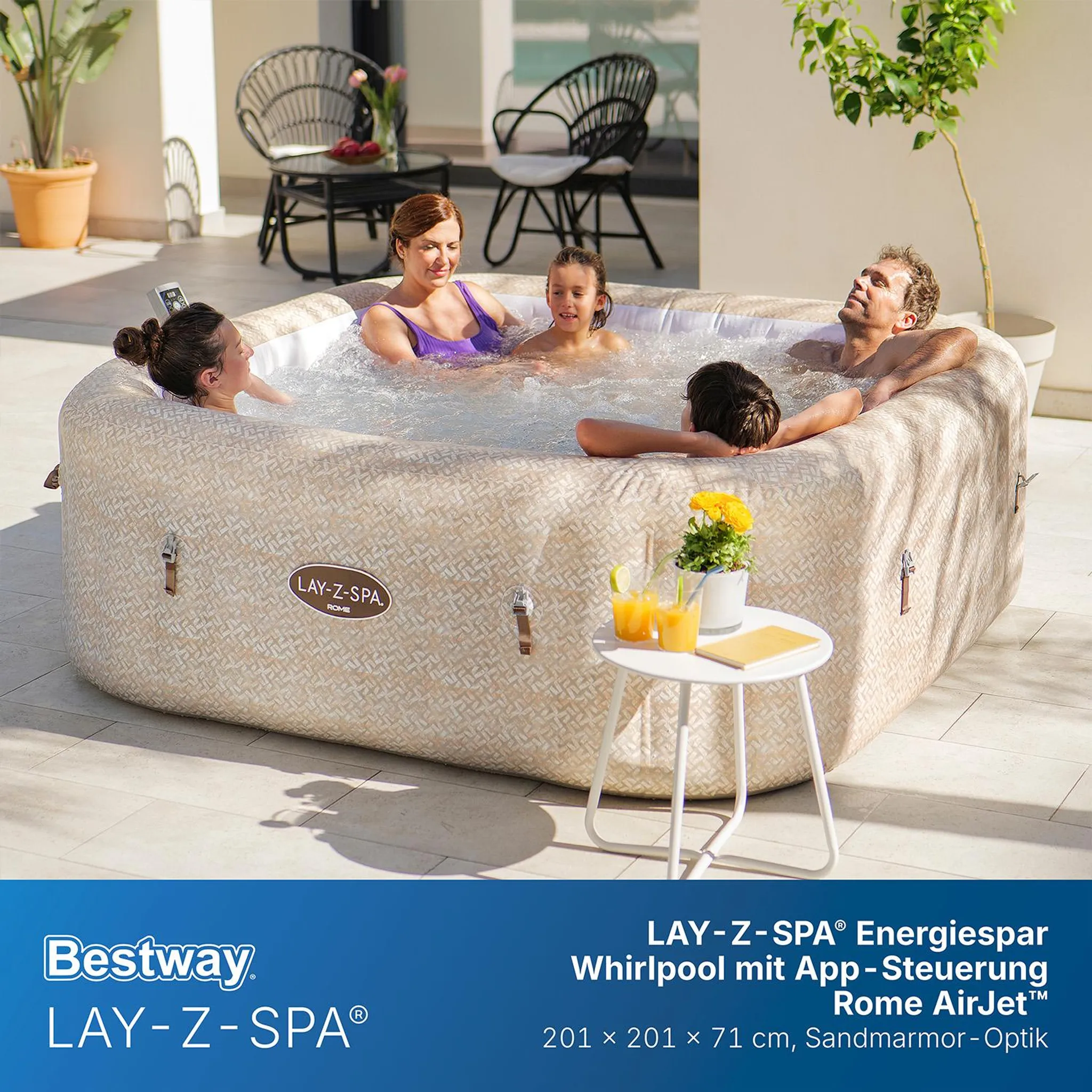 Bestway® LAY-Z-SPA® Energiespar-Whirlpool Rome AirJet™ mit App-Steuerung + integrierter UltraFit™ -Pumpeneinheit, für 7 Personen 201 x 201 x 71 cm, Sandmarmor-Optik – Bild 5