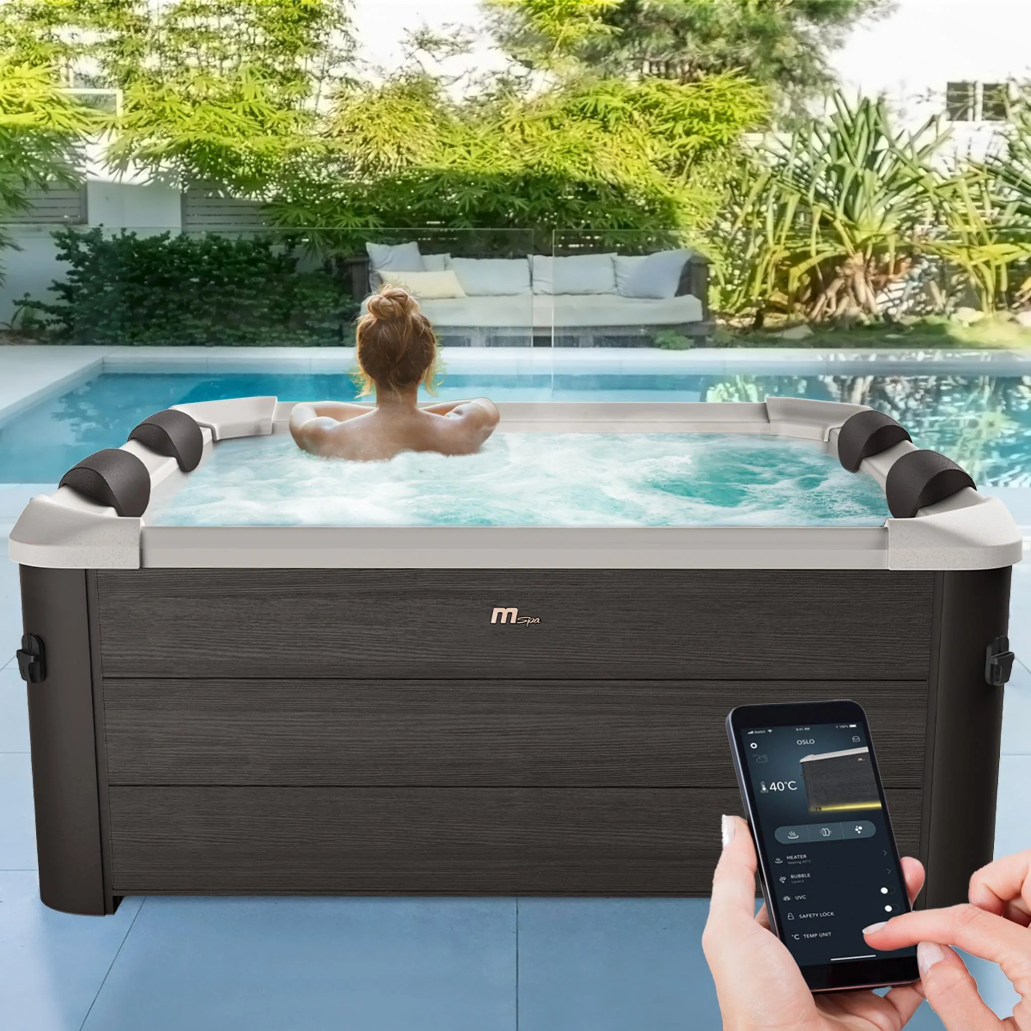 Miweba MSpa Whirlpool Frame Tribeca | 6 Personen - App - Holzoptik - Pool - Spa - Outdoor - Massagedüsen - Jacuzzi - UVC+ Reinigung - PTC Heizung