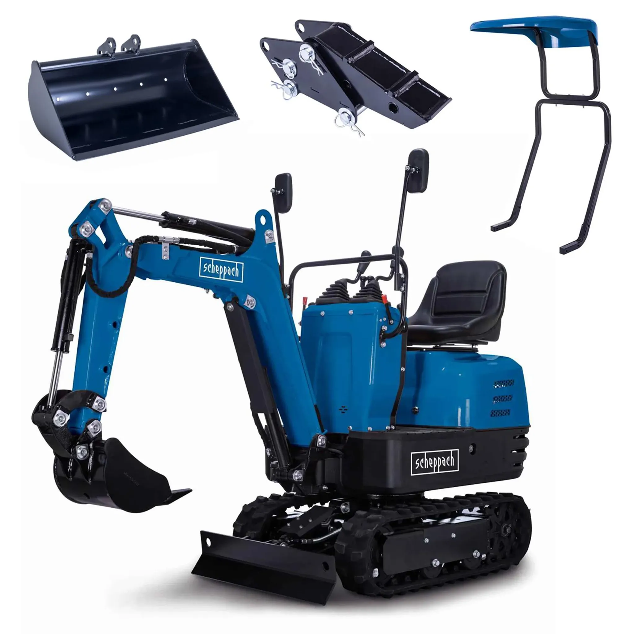 Scheppach Benzin Mini-Bagger EXC815 inkl. Baggerdach & Böschungslöffel 70cm & Baggerdaumen - 8,5 PS | 2330mm Grabweite | 690mm Breite | Kettenantrieb