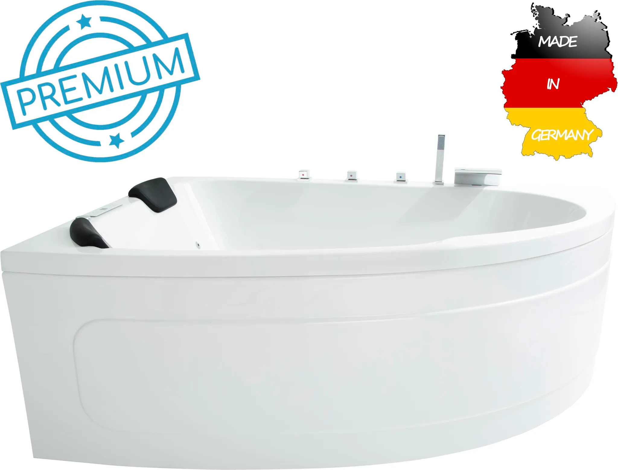 Basera PREMIUM Indoor Eck-Whirlpool Badewanne Guam Links 180 x 130 cm für 2 Personen mit 25 Massagedüsen, Heizung, Ozongenerator, Wasserfall, LED-Ambiente, Touchpanel, Bluetooth, Radio