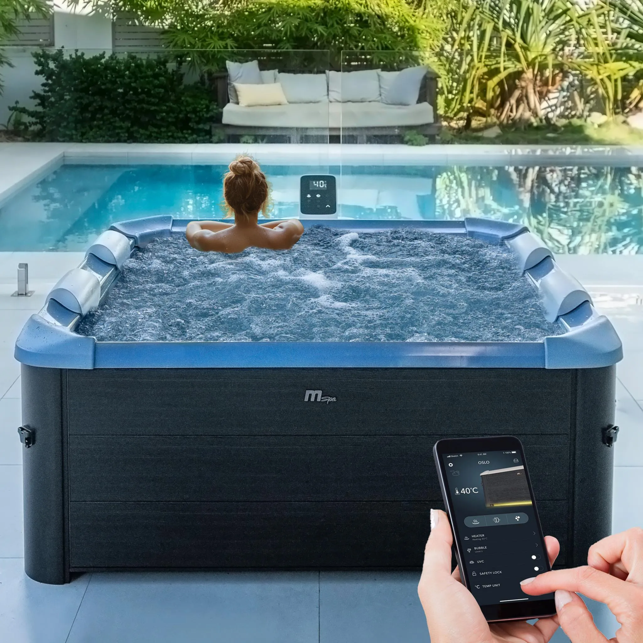 Miweba MSpa Whirlpool Frame Oslo | für 6 Personen - App Steuerung - Outdoor Pool - UVC-Reinigung - OLED Touchdisplay - mit Starterset - Sapphire
