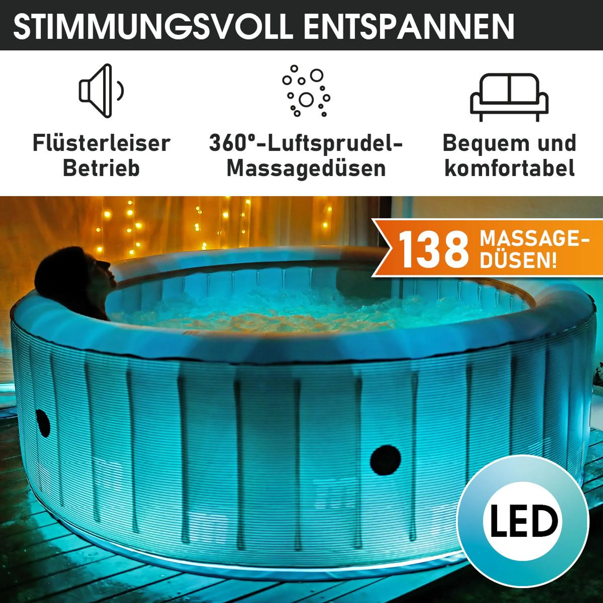 BRAST Whirlpool aufblasbar MSpa Starry mit LED Beleuchtung für 6 Personen Ø204x70cm In- Outdoor Pool 138 Massagedüsen Energiespar-Timer Heizung Bubble Wellness Massage – Bild 6