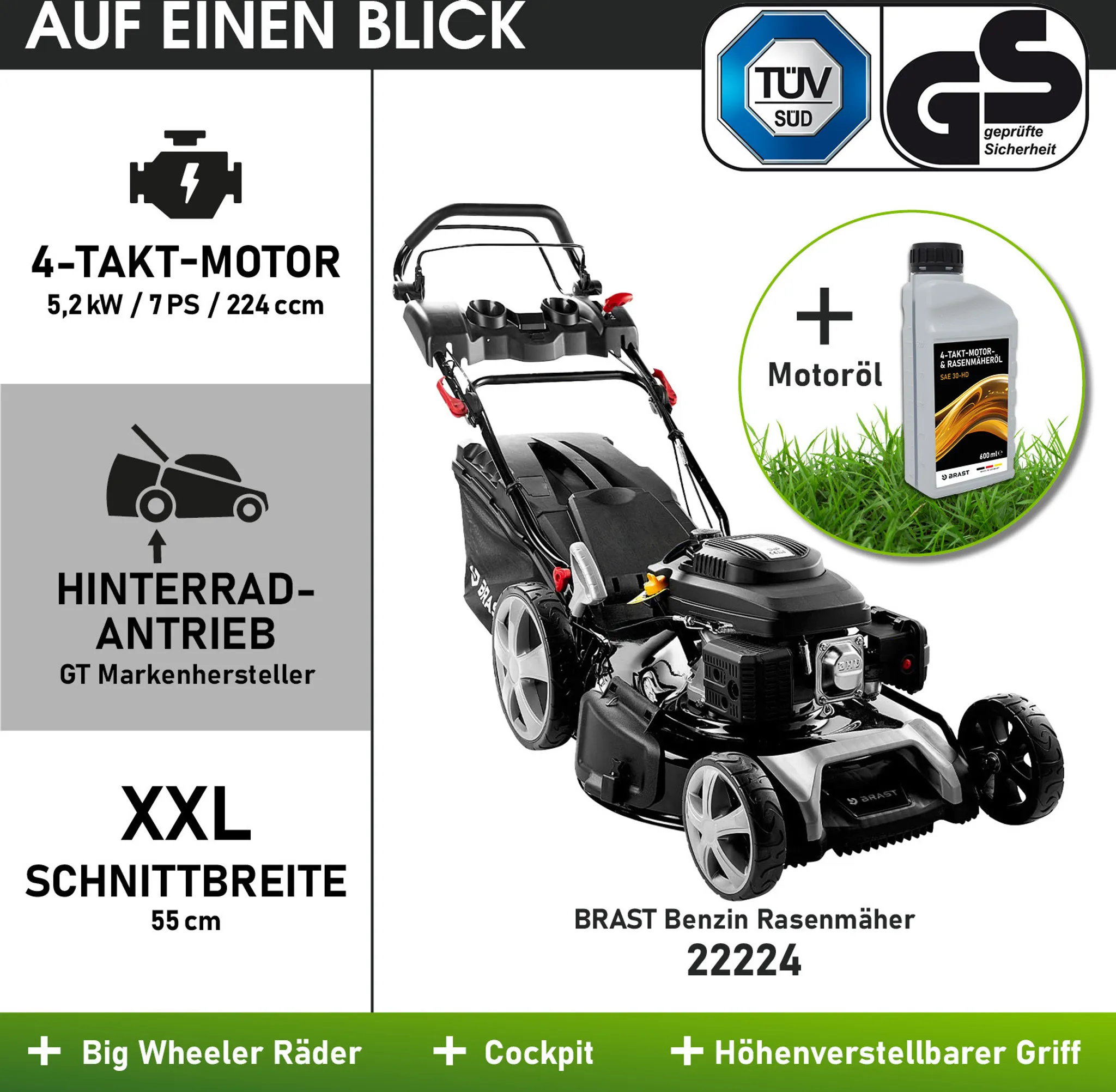 BRAST Benzin Rasenmäher 22224 inkl. Motoröl – Bild 8