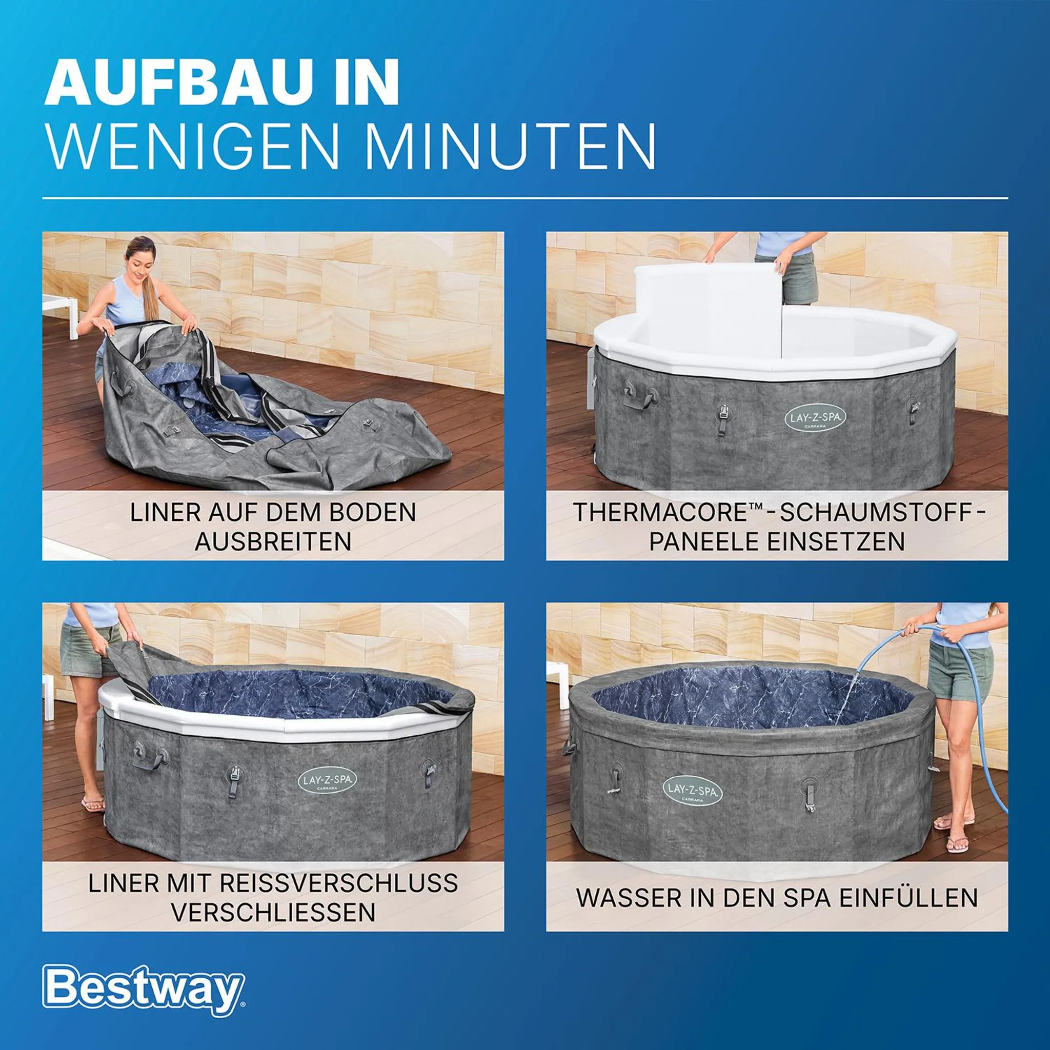 Bestway® LAY-Z-SPA® Energiespar-Whirlpool mitSchaumstoffpaneelen Carrara AirJet™ mit App-Steuerung + integrierter UltraFit™ -Pumpeneinheit, für 6 Personen Ø 170 x 65 cm, Dunkle Alabaster-Optik – Bild 10