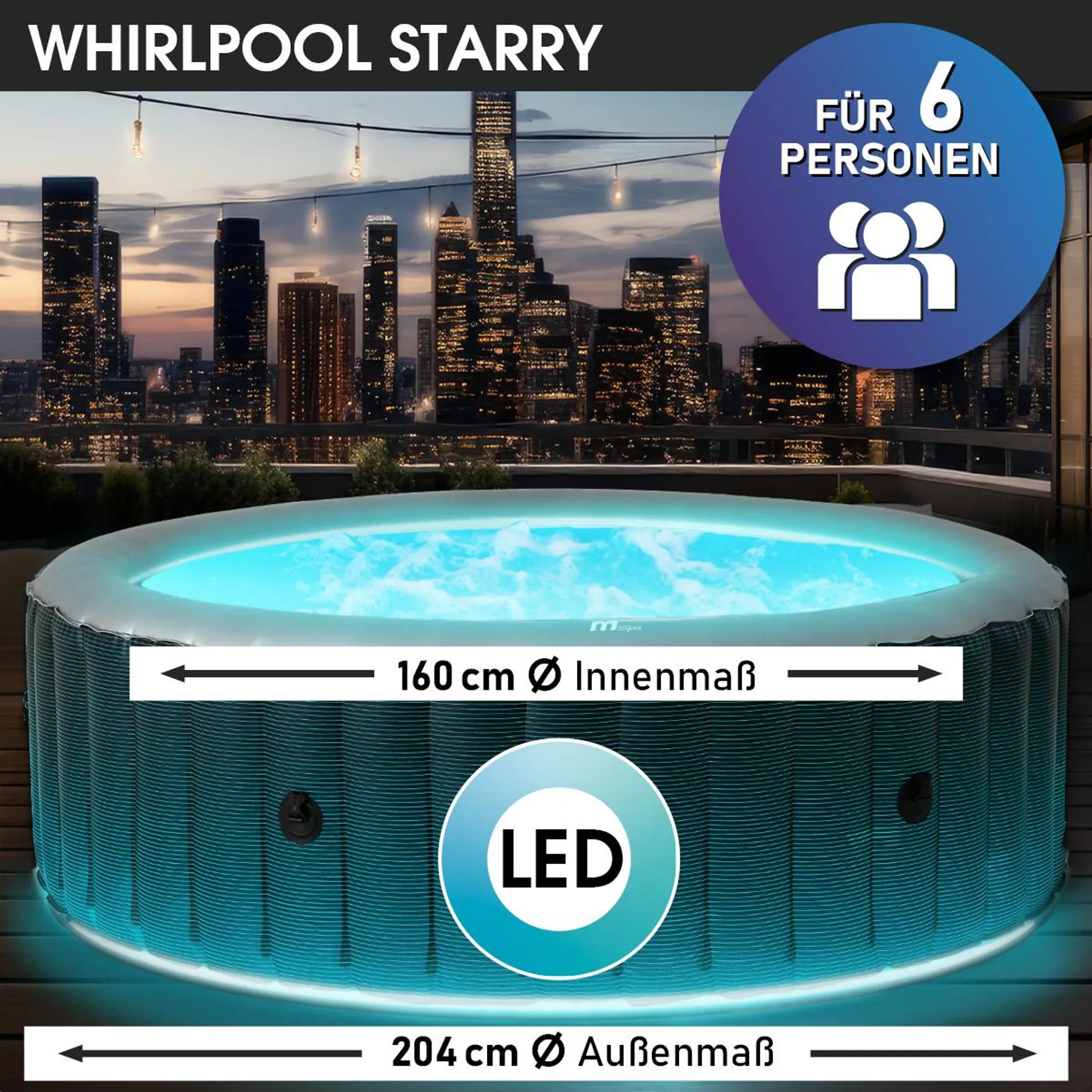 BRAST Whirlpool aufblasbar MSpa Starry mit LED Beleuchtung für 6 Personen Ø204x70cm In- Outdoor Pool 138 Massagedüsen Energiespar-Timer Heizung Bubble Wellness Massage – Bild 3