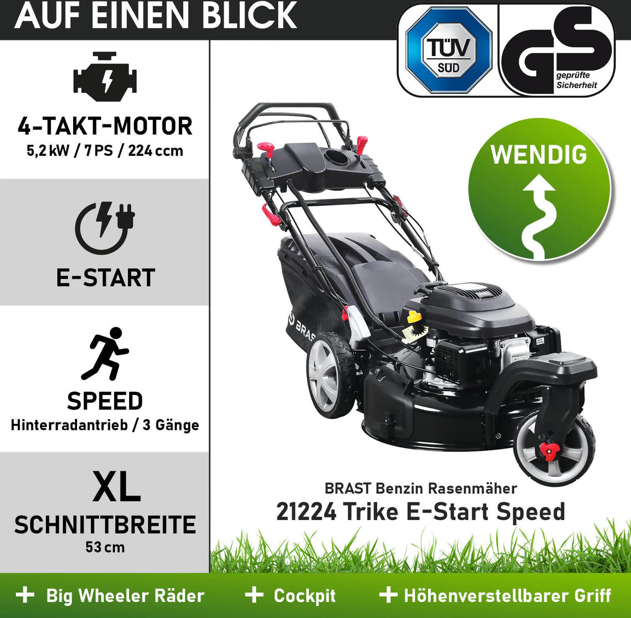 BRAST Benzin Rasenmäher 21224 Trike ESTART SPEED – Bild 8