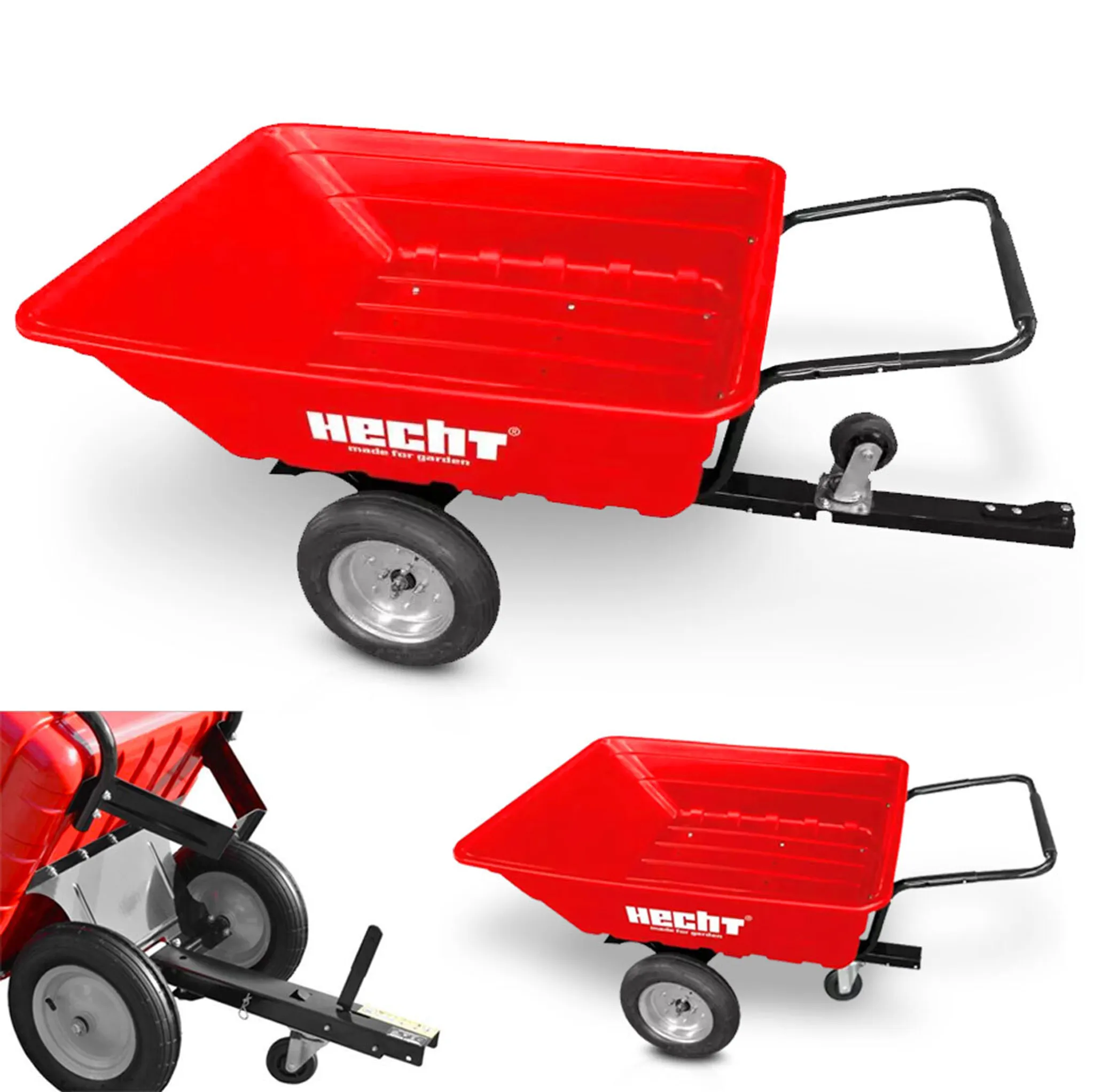 HECHT 53080 Anhänger | mit Kippfunktion | 300 kg | Tragkraft | 360°-Bugrad | Rasentraktor kompatibel