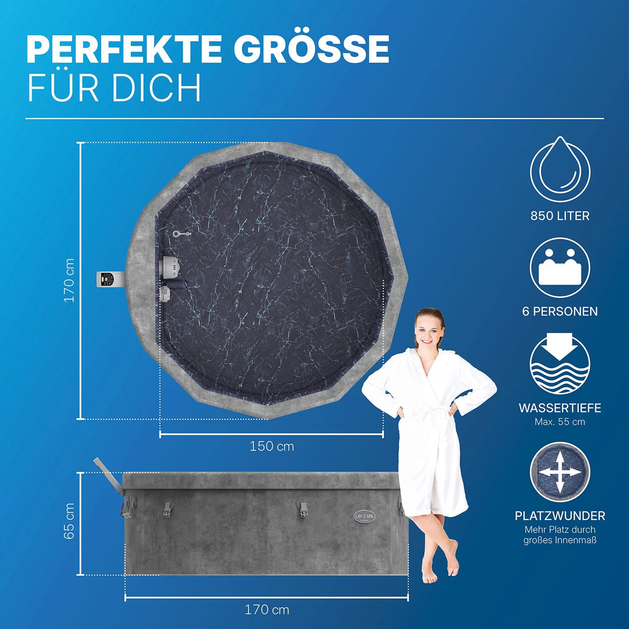 Bestway® LAY-Z-SPA® Energiespar-Whirlpool mitSchaumstoffpaneelen Carrara AirJet™ mit App-Steuerung + integrierter UltraFit™ -Pumpeneinheit, für 6 Personen Ø 170 x 65 cm, Dunkle Alabaster-Optik – Bild 5