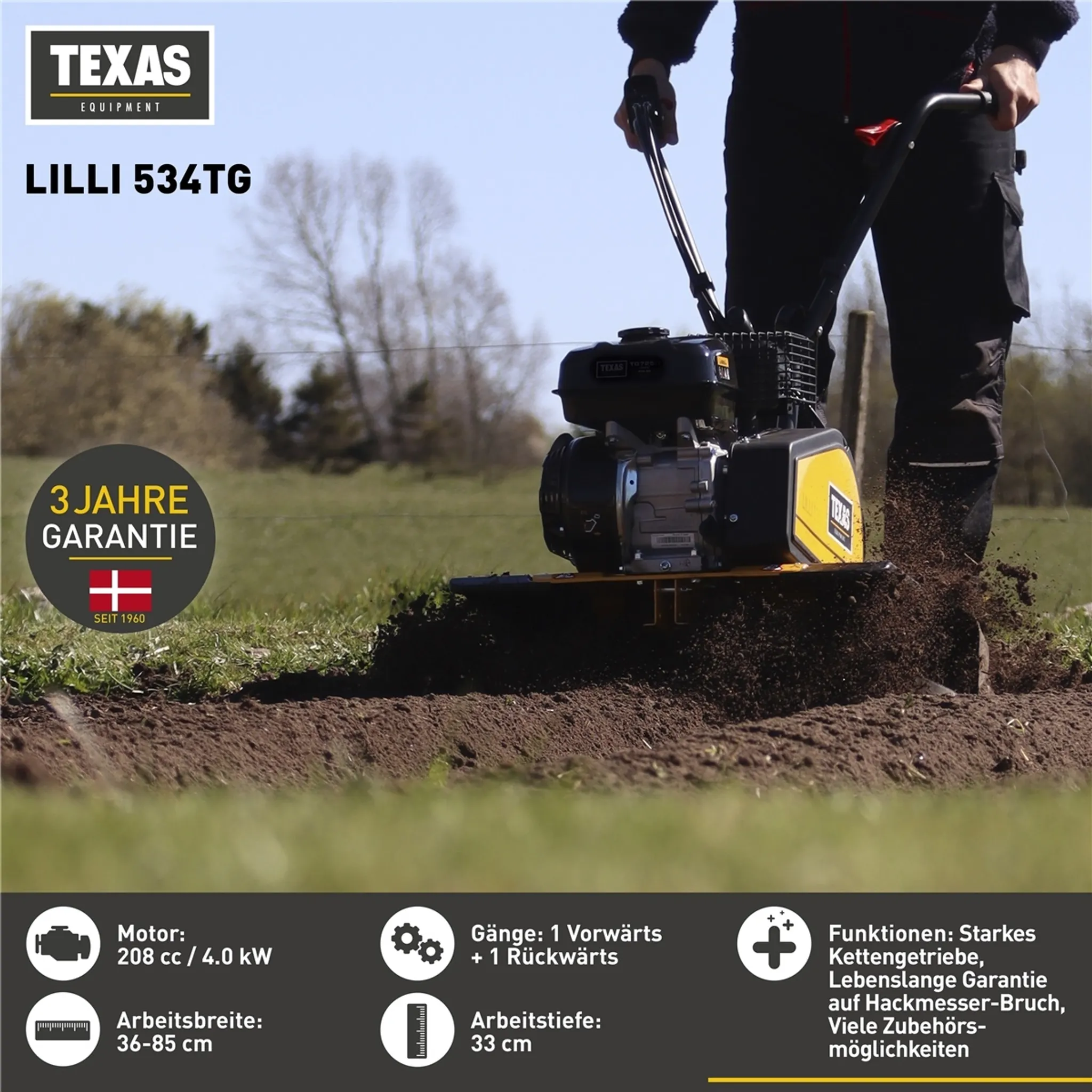 TEXAS Profi Gartenfräse Motorhacke Bodenhacke Bodenfräse Rasenfräse Pflug Benzin mit Antrieb Lilli 534TG Dual-Shaft | 36-57-85cm | 208cm³ | 4 Takt – Bild 6