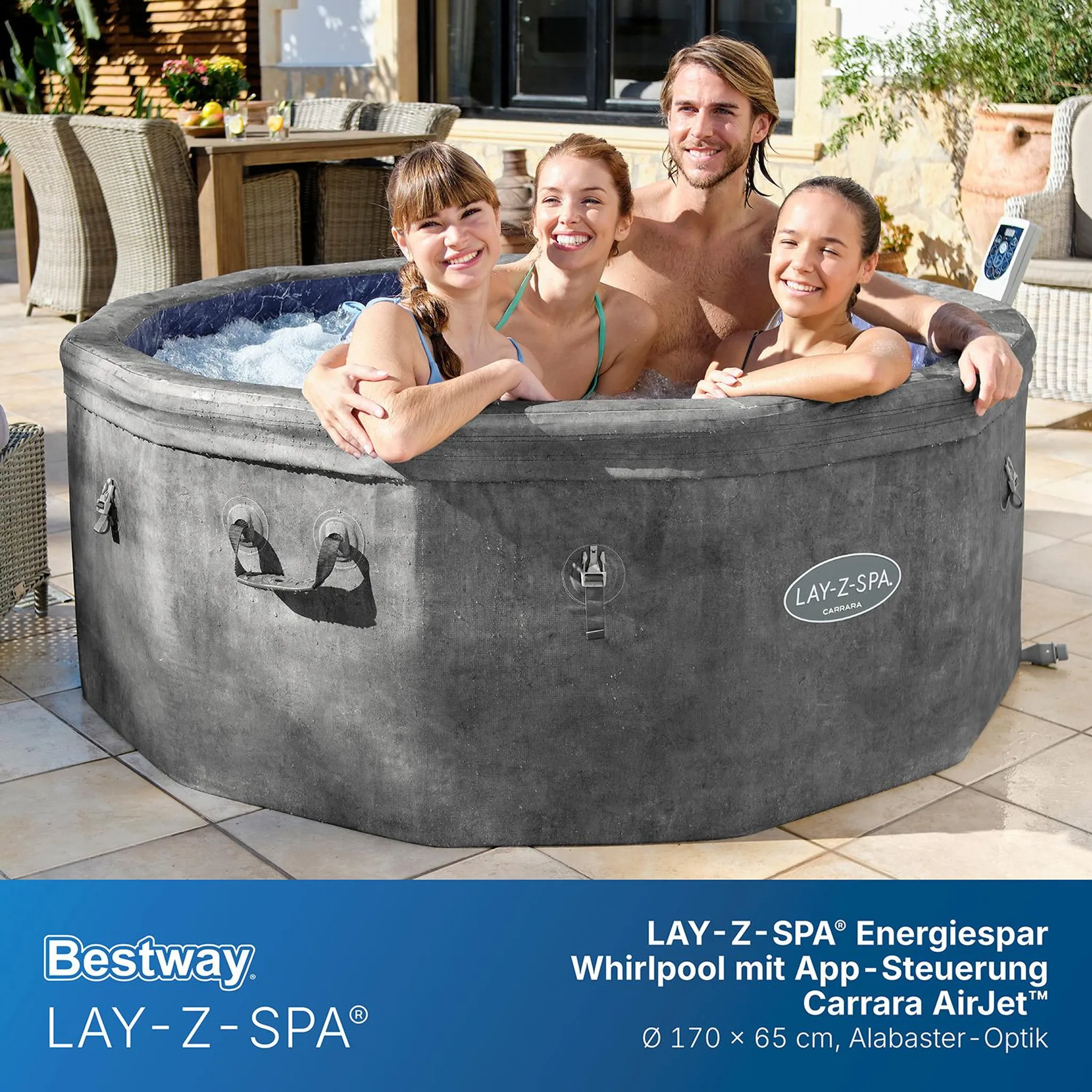 Bestway® LAY-Z-SPA® Energiespar-Whirlpool mitSchaumstoffpaneelen Carrara AirJet™ mit App-Steuerung + integrierter UltraFit™ -Pumpeneinheit, für 6 Personen Ø 170 x 65 cm, Dunkle Alabaster-Optik – Bild 4