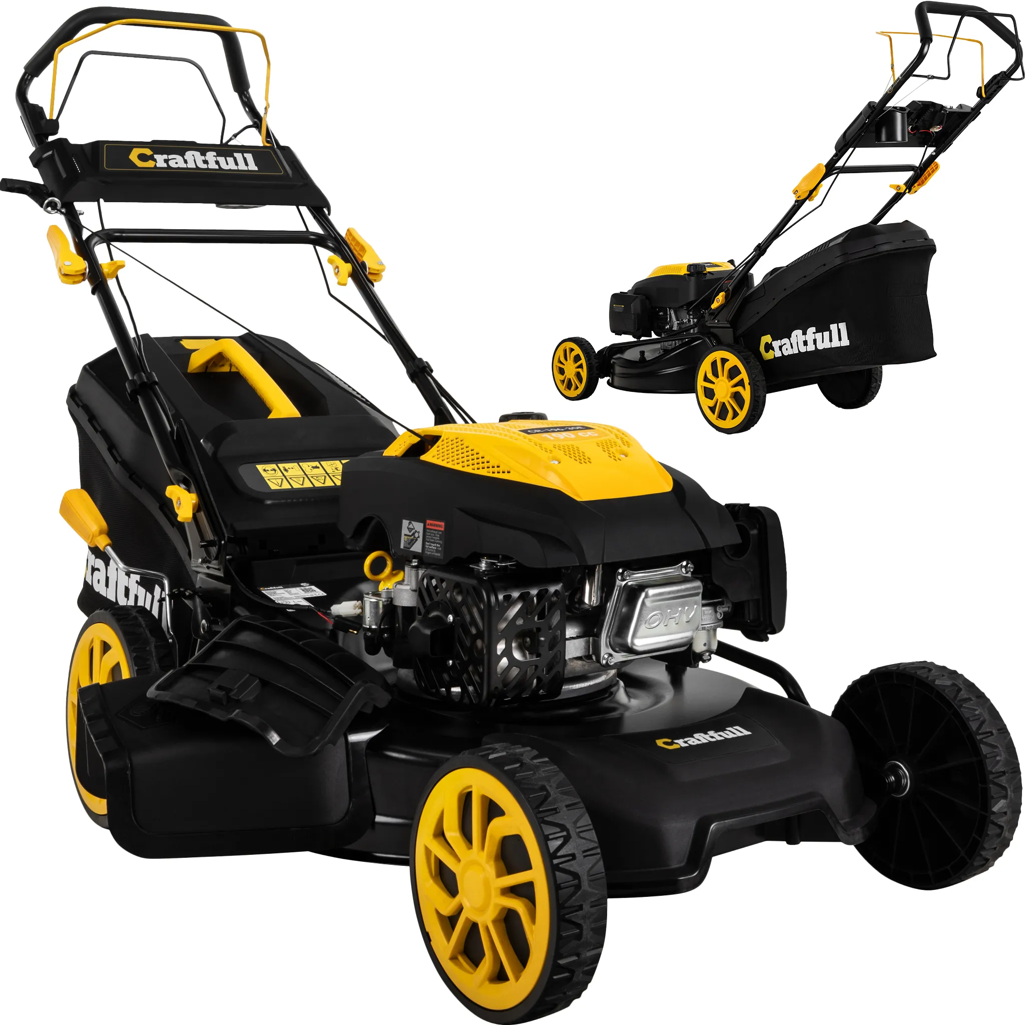 Craftfull Benzin Rasenmäher | 4-in-1 - 190 ccm Motor - 53 cm Schnittbreite - 6 PS - Elektrostarter - Mulchfunktion - Seitenauswurf - 60 Liter Fangkorb