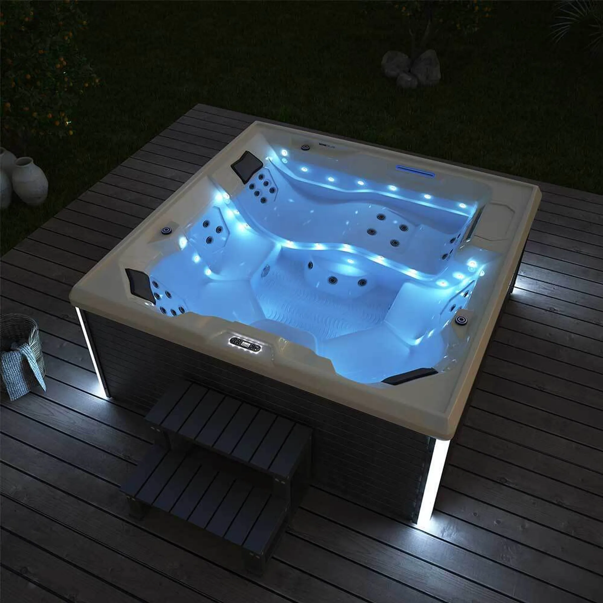 HOME DELUXE - Outdoor Whirlpool - STREAM BIG PLUS Treppe und Thermoabdeckung - Maße: 208 x 208 x 88 cm - Inkl. Heizung, 34 Massagedüsen und 4 äußeren Lichtquellen I Außen Whirlpool Spa für 5 Personen – Bild 8