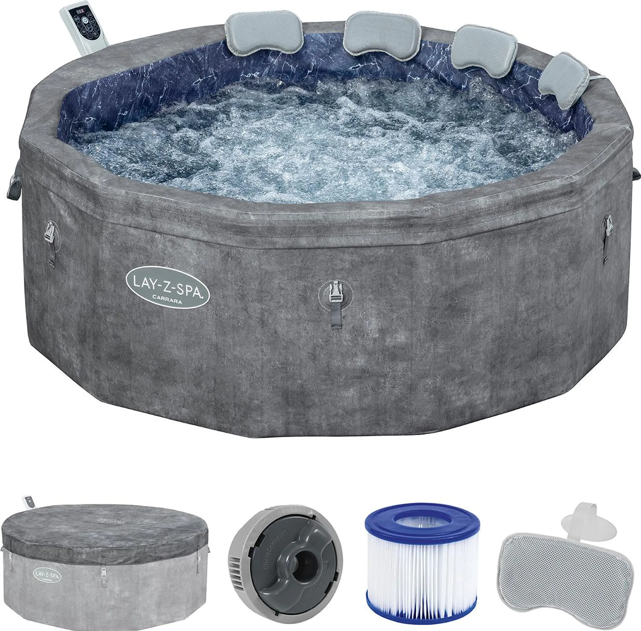 Bestway® LAY-Z-SPA® Energiespar-Whirlpool mitSchaumstoffpaneelen Carrara AirJet™ mit App-Steuerung + integrierter UltraFit™ -Pumpeneinheit, für 6 Personen Ø 170 x 65 cm, Dunkle Alabaster-Optik – Bild 3