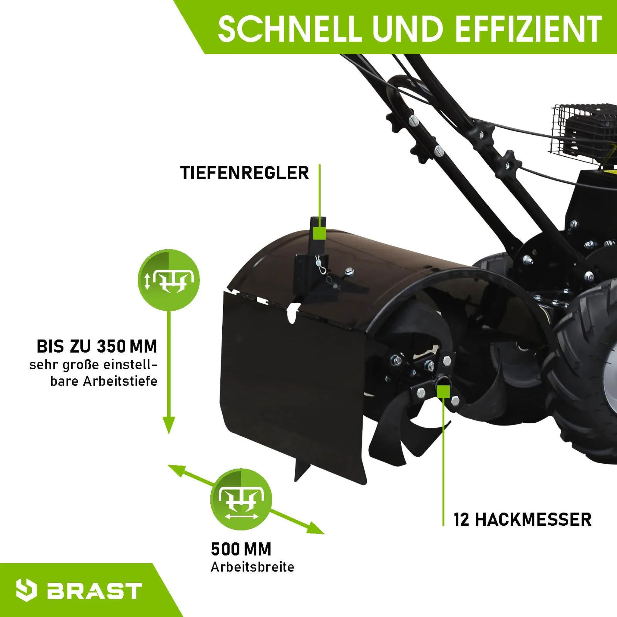 BRAST Motorhacke Gartenfräse Benzin | 5,15kW(7PS) | 50cm Arbeitsbreite | Stahlrahmen Transportrad & kabellos | BRB-AF-7000 – Bild 5