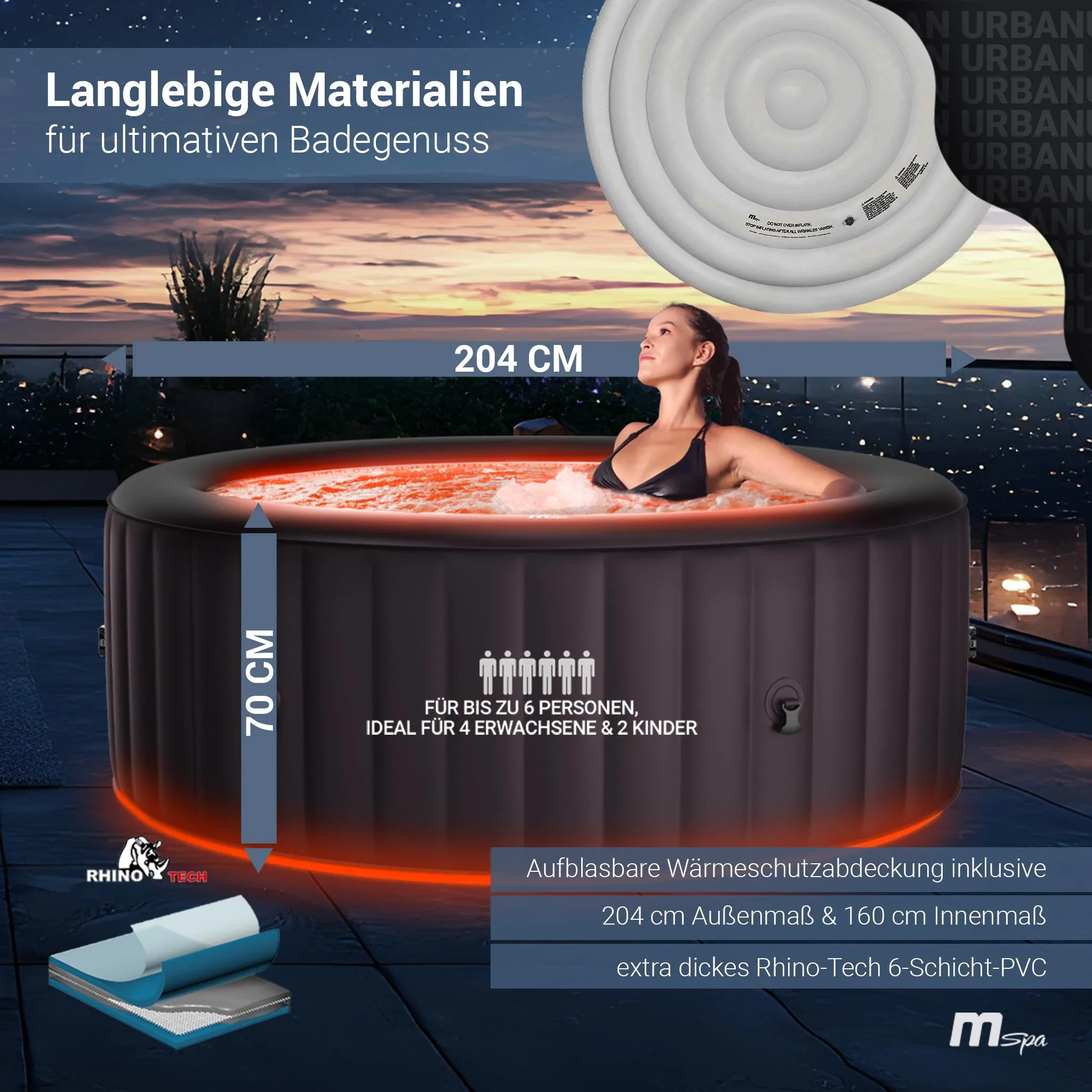 MSpa Whirlpool Urban Aurora | 6 Personen Pool - aufblasbar - UVC+ Filter - LED RGB Band - Ozon-Desinfektion - Anti-Frost - mit Zubehör - 204 x 70 cm – Bild 6