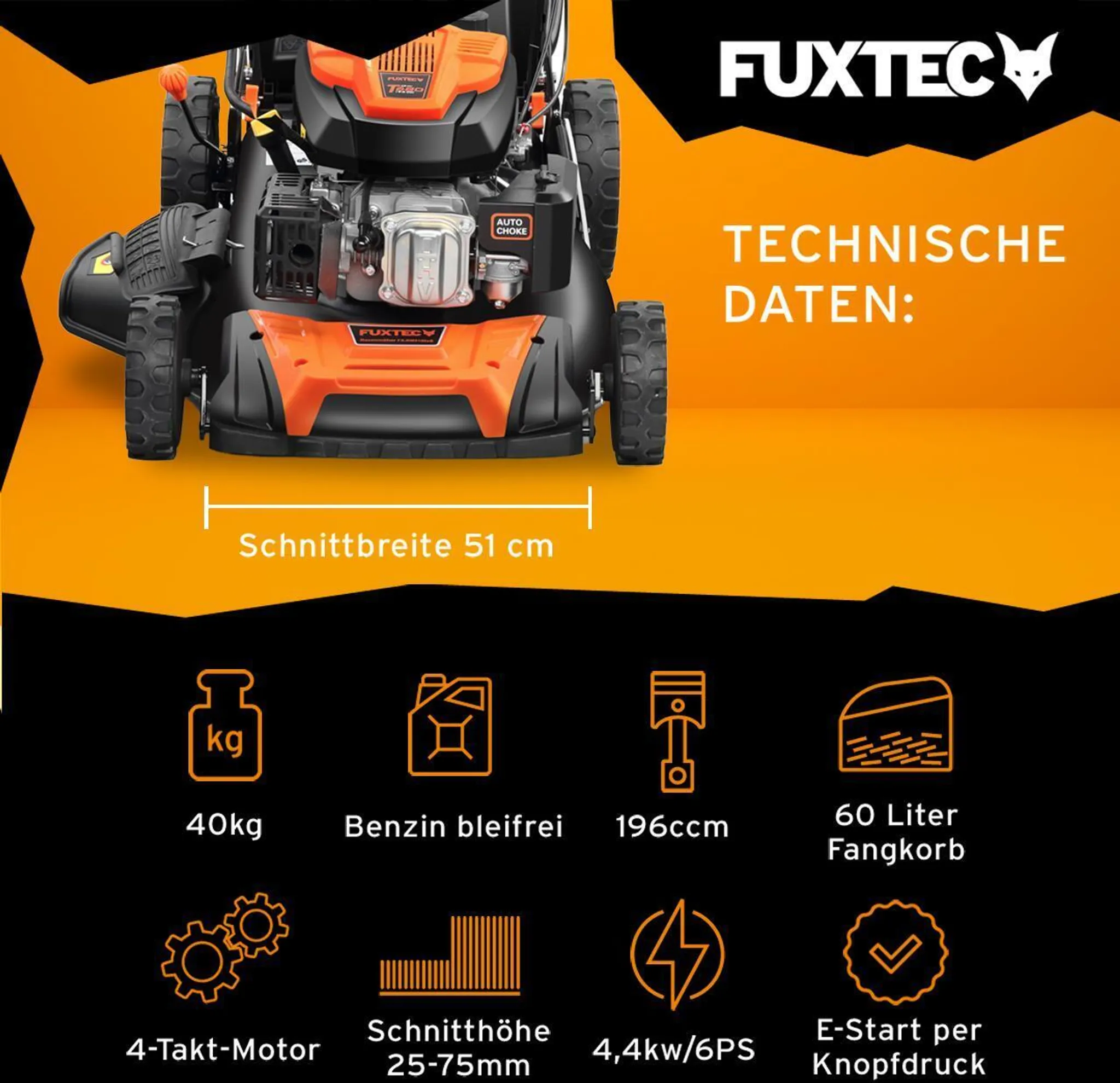 FUXTEC Benzin Rasenmäher RM5196eS - 196ccm | 51cm | E-Start| 6PS | Heckauswurf | 60L | E-Start | 40Kg | Mulchfunktion | 4-takt | 800ml – Bild 3