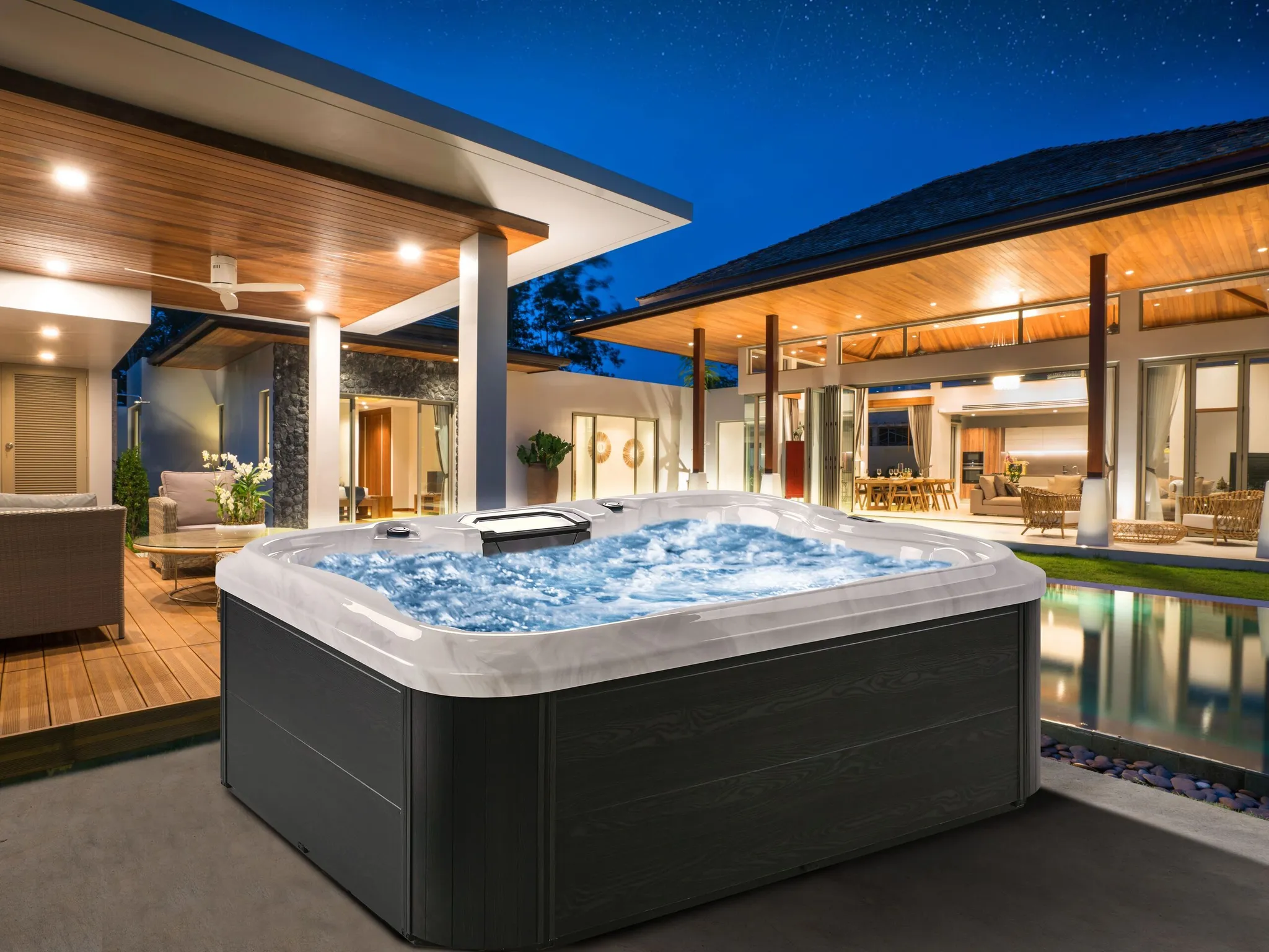 BELIANI Outdoor Whirlpool Weiß Acryl und Aluminium Rechteckig 180 x 215 cm mit LED Hydromassage Schutzhülle für 4 Personen Garten Draußen Terrasse – Bild 5