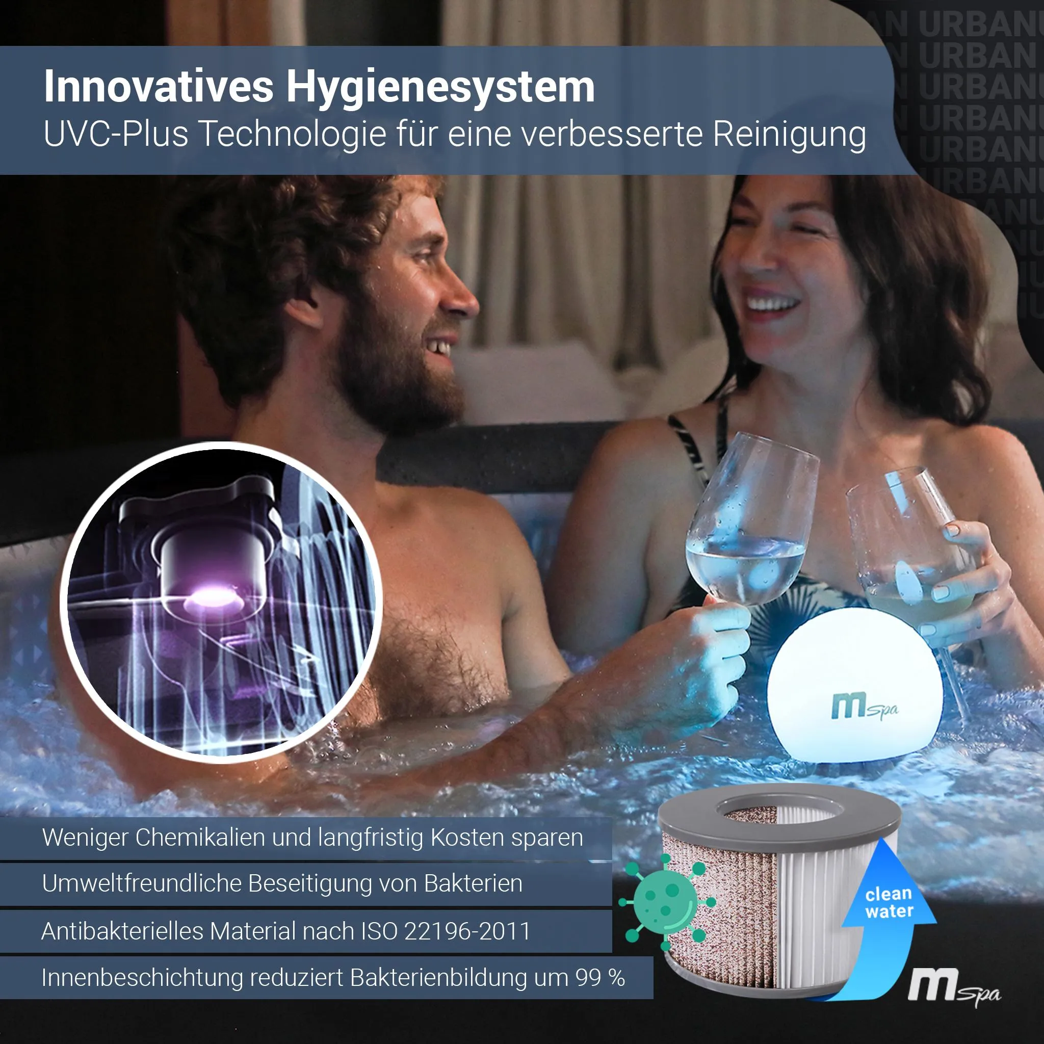 MSpa Whirlpool Urban Aurora | 6 Personen Pool - aufblasbar - UVC+ Filter - LED RGB Band - Ozon-Desinfektion - Anti-Frost - mit Zubehör - 204 x 70 cm – Bild 3