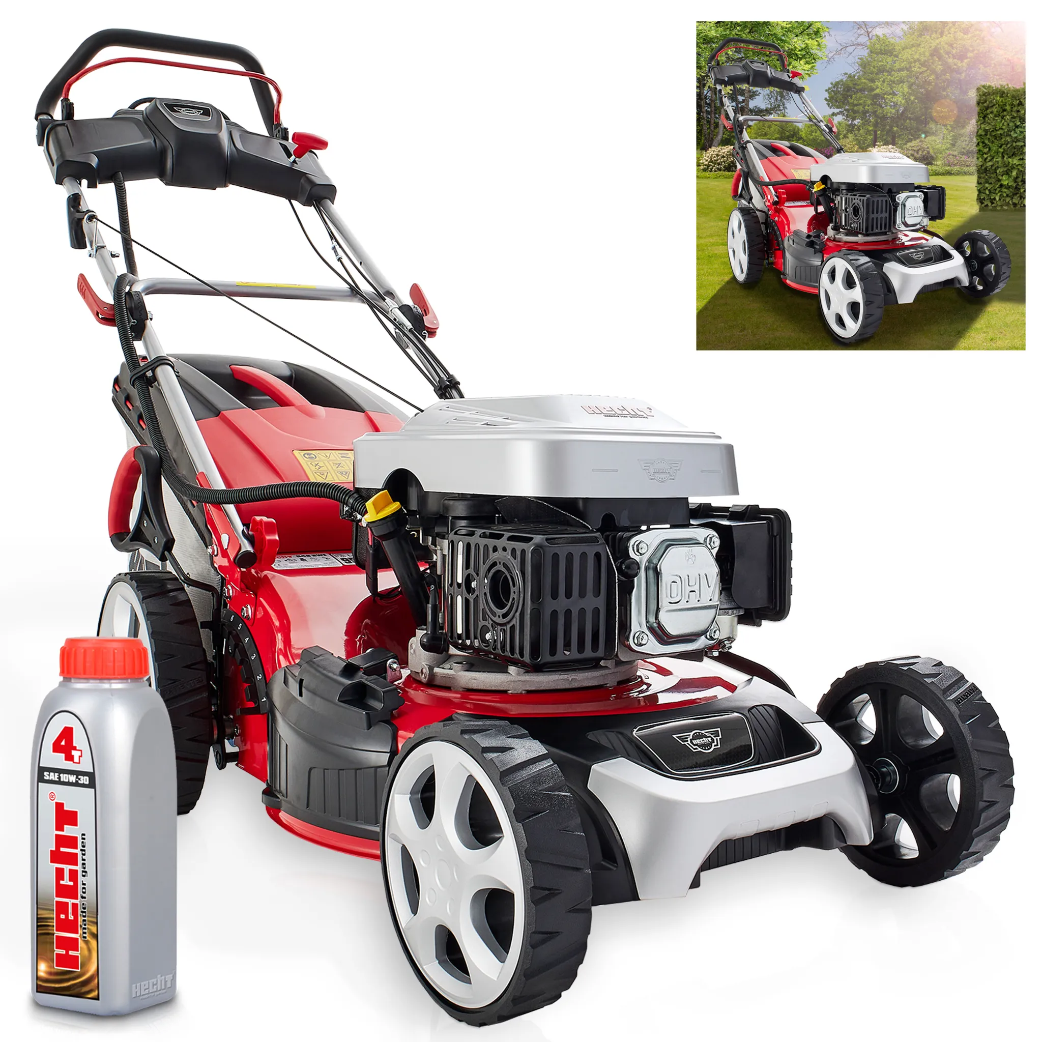 HECHT 548 SWE Rasenmäher Benzin | mit Antrieb | Elektrostart | 46 cm Schnittbreite | 5 PS | 5in1 | 60L Fangkorb