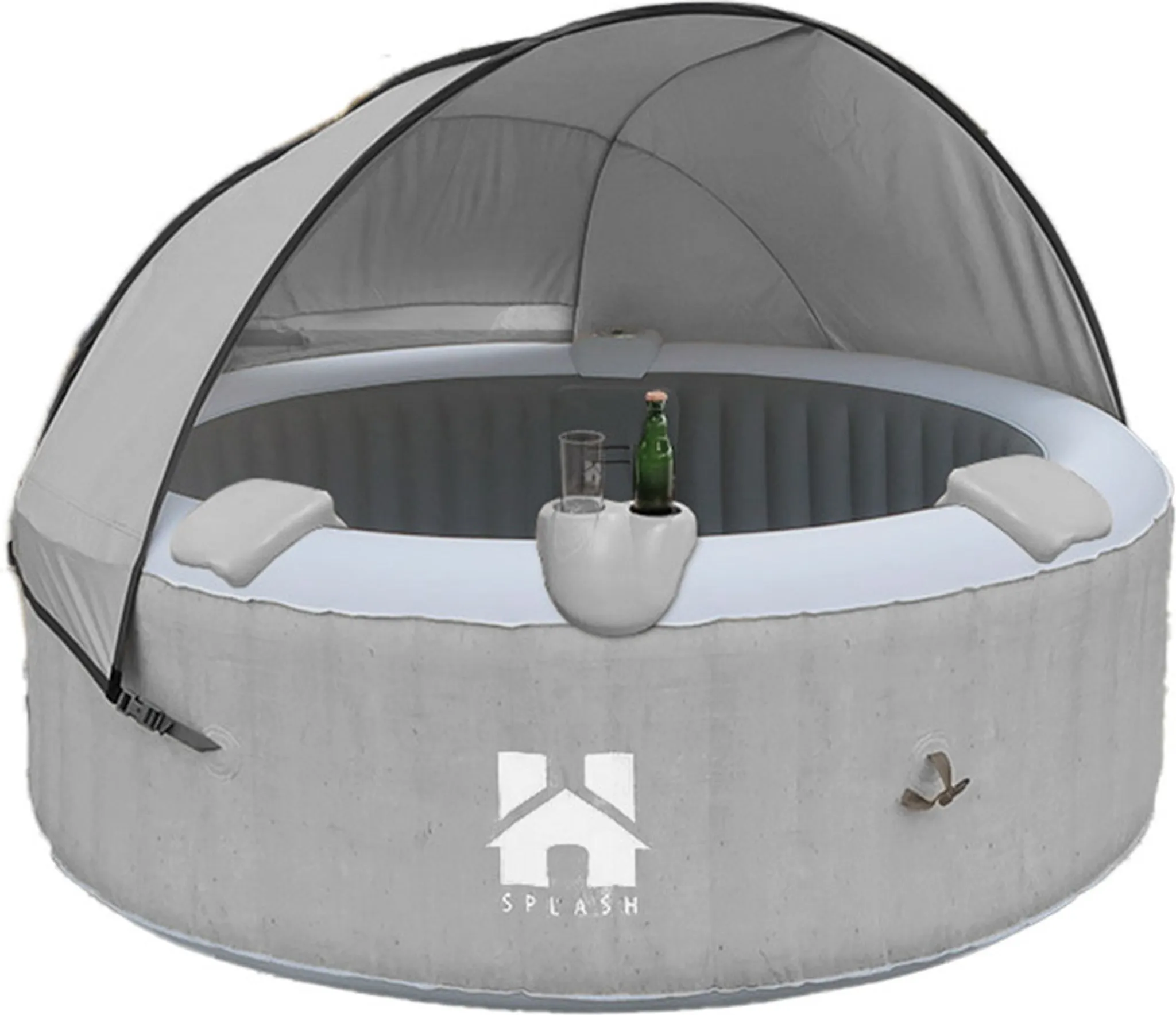 HOME DELUXE - Outdoor Whirlpool - SPLASH + Kissen, Getränkehalter und Sonnendach - Farbe: Grau - ⌀ 208 cm, 130 Luftdüsen - inkl. Abdeckung, Reparaturset, Filterset I Außen Spa für 6 Personen