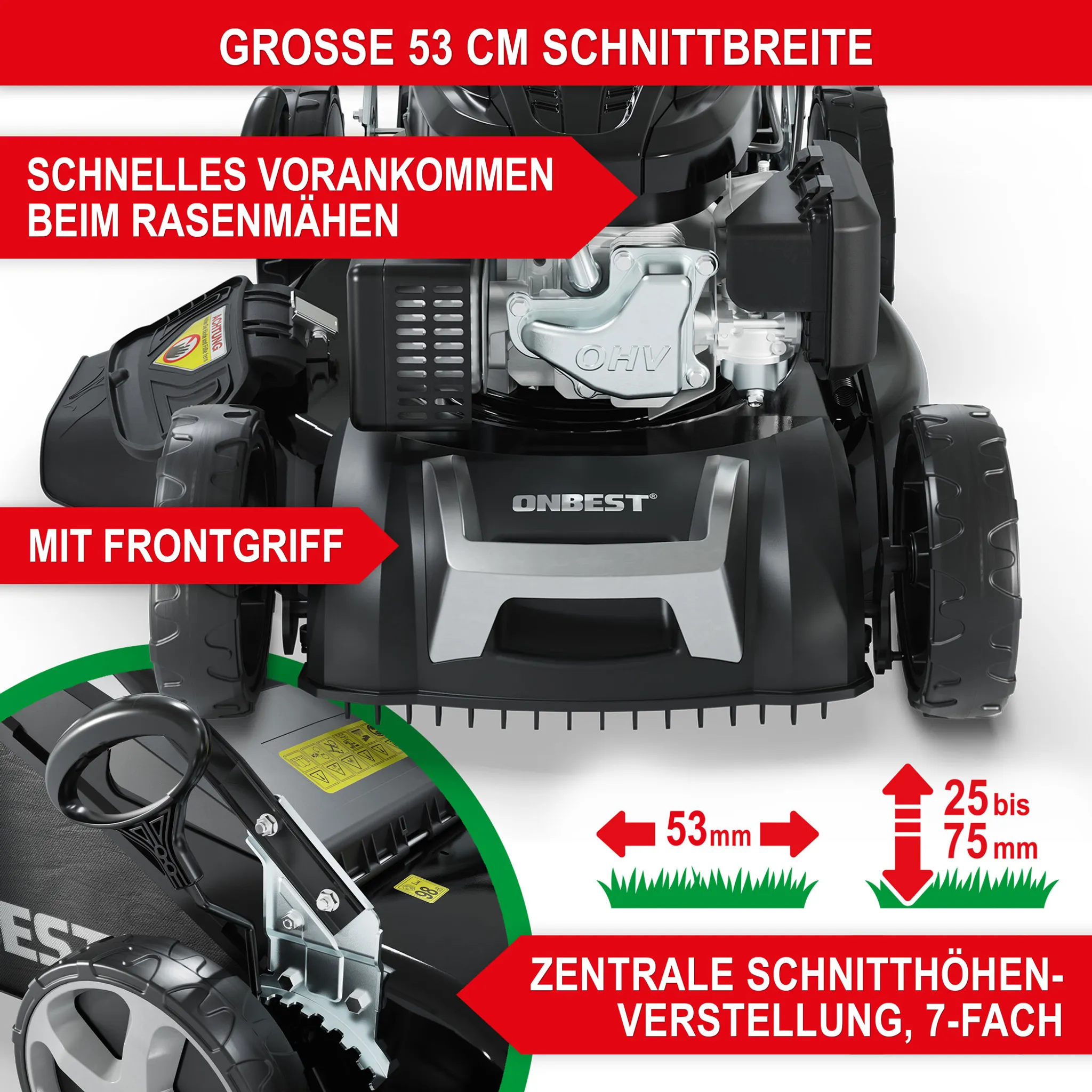 ONBEST Rasenmäher Benzin mit Antrieb TXC-3653E | 53 cm Schnittbreite | Elektrostart | 6,5 PS | Doppelmesser mit Sograd – Bild 3