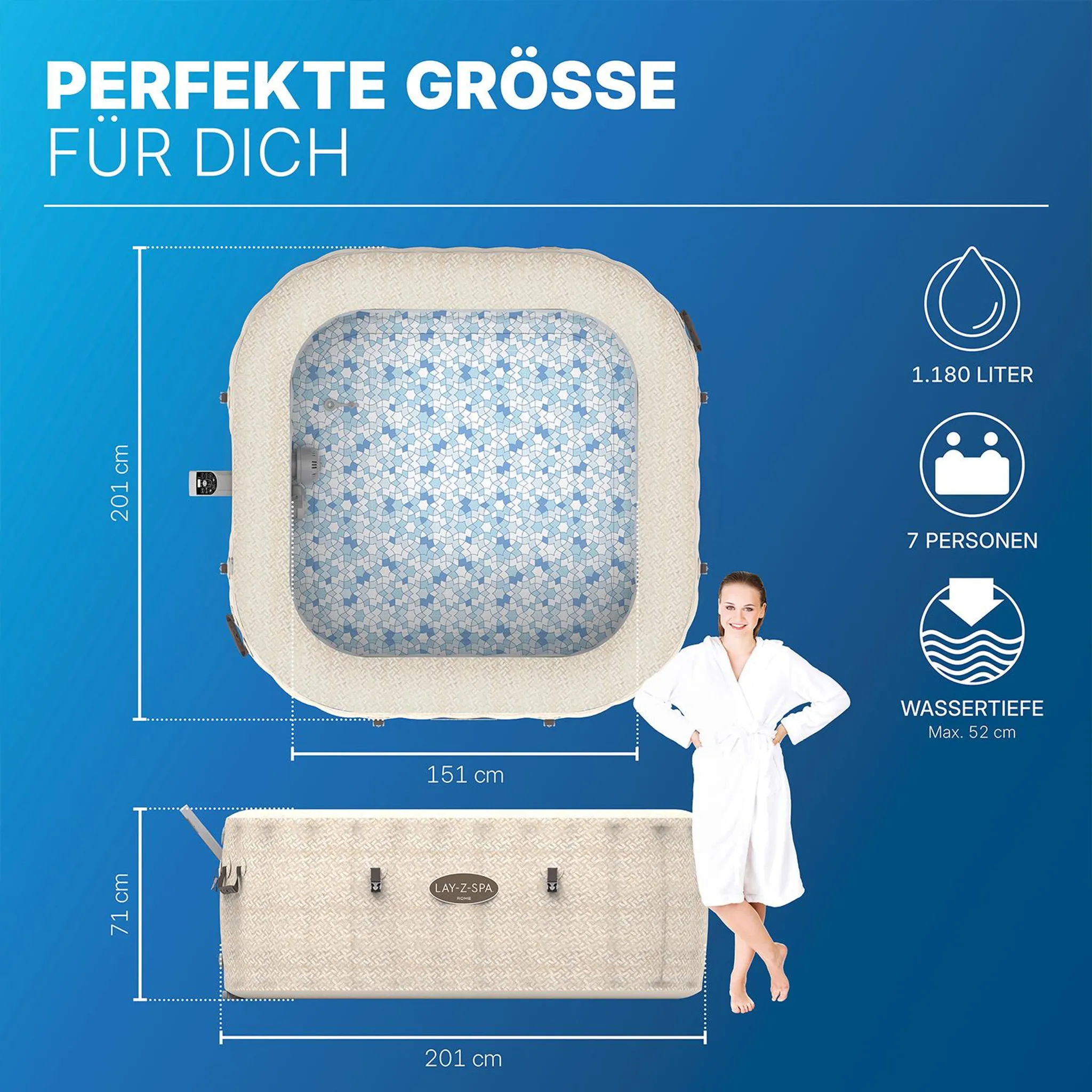 Bestway® LAY-Z-SPA® Energiespar-Whirlpool Rome AirJet™ mit App-Steuerung + integrierter UltraFit™ -Pumpeneinheit, für 7 Personen 201 x 201 x 71 cm, Sandmarmor-Optik – Bild 6