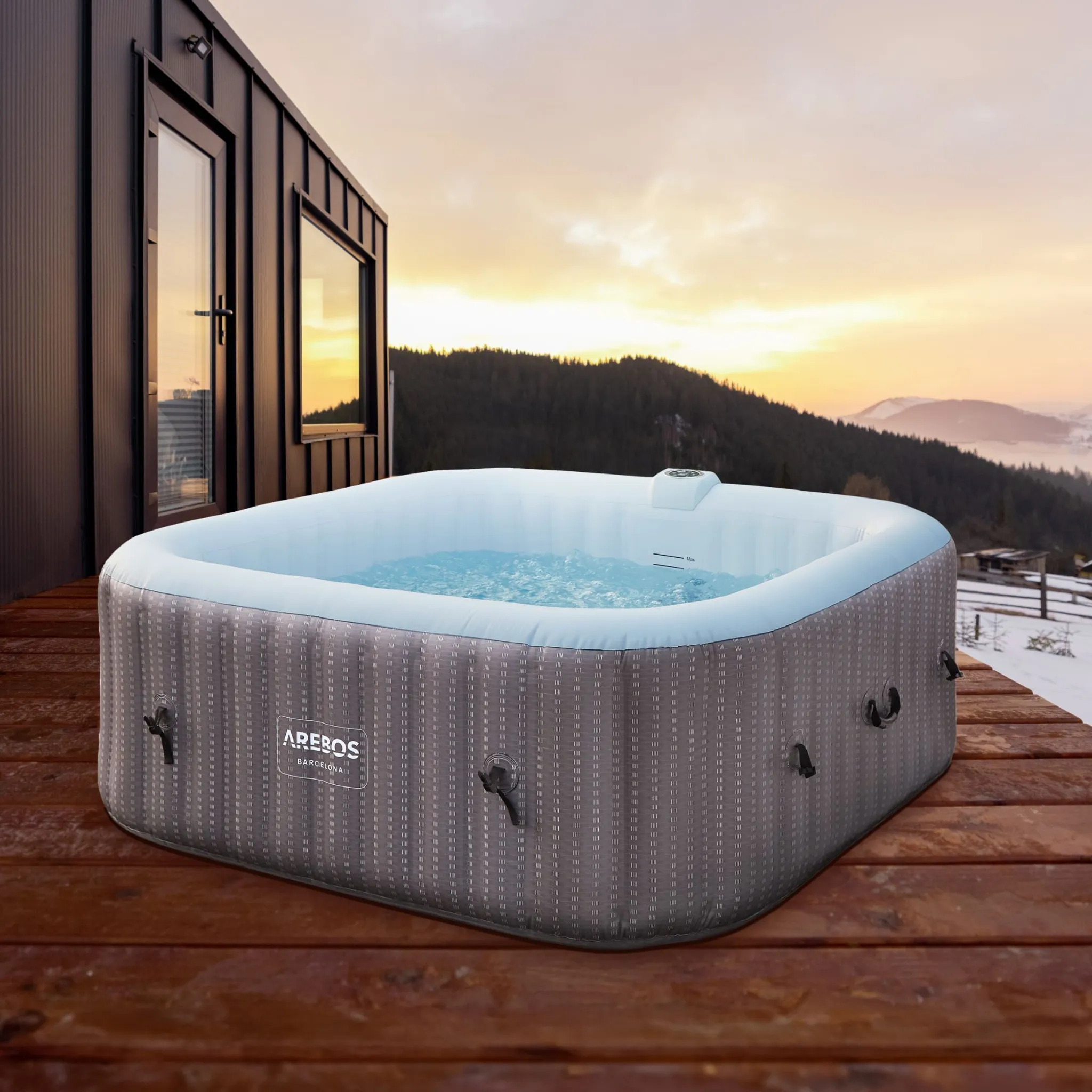 AREBOS Aufblasbarer Whirlpool "Barcelona", 185x185 cm, In- & Outdoor, mit Heizung, 910 Liter, Inkl. Abdeckung, Bubble Spa & Wellness Massage 6 Person