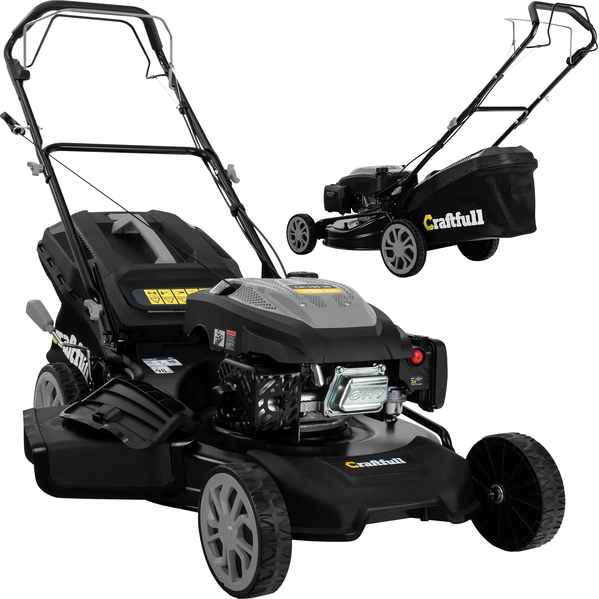 Craftfull Premium Benzin-Rasenmäher CR-196-30 | Selbstfahrantrieb - 53 cm Schnittbreite - 4 in 1 - Mähen - Mulchen - Heck- & Seitenauswurf - klappbar