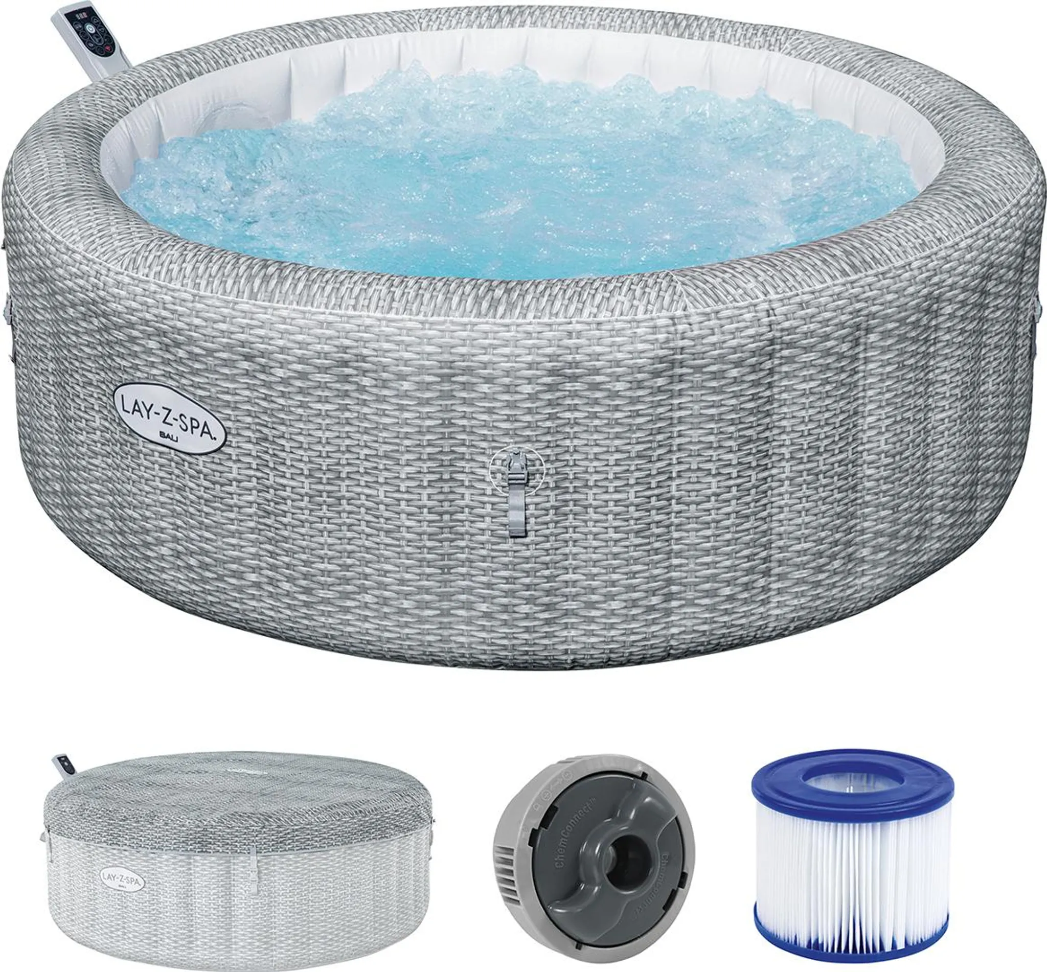 Bestway® LAY-Z-SPA® Energiespar-Whirlpool Bali AirJet™ mit App-Steuerung + integrierter UltraFit™ -Pumpeneinheit, für 6 Personen Ø 196 x 71 cm, Rattan-Optik (Lichtgrau) – Bild 4