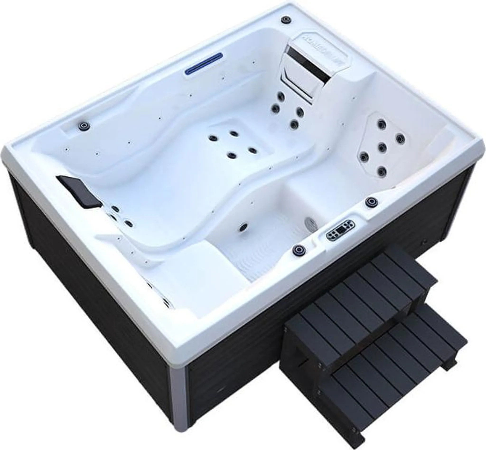 HOME DELUXE - Outdoor Whirlpool - STREAM PLUS Treppe und Thermoabdeckung - Maße: 211 x 157 x 75 cm - Inkl. Heizung, 24 Massagedüsen und 4 äußeren Lichtquellen I Außen Whirlpool Spa für 3 Personen