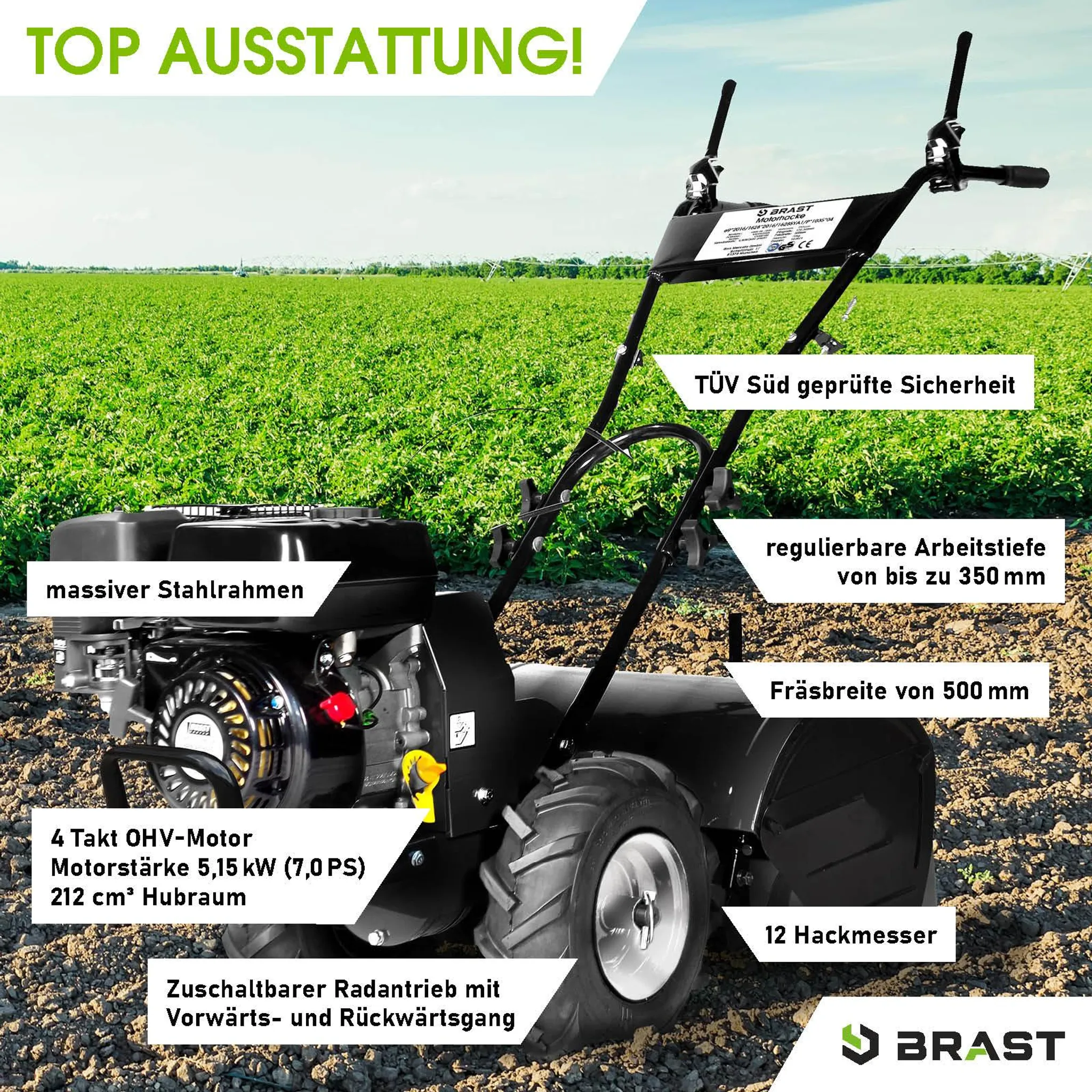 BRAST Motorhacke Gartenfräse Benzin | 5,15kW(7PS) | 50cm Arbeitsbreite | Stahlrahmen Transportrad & kabellos | BRB-AF-7000 – Bild 3