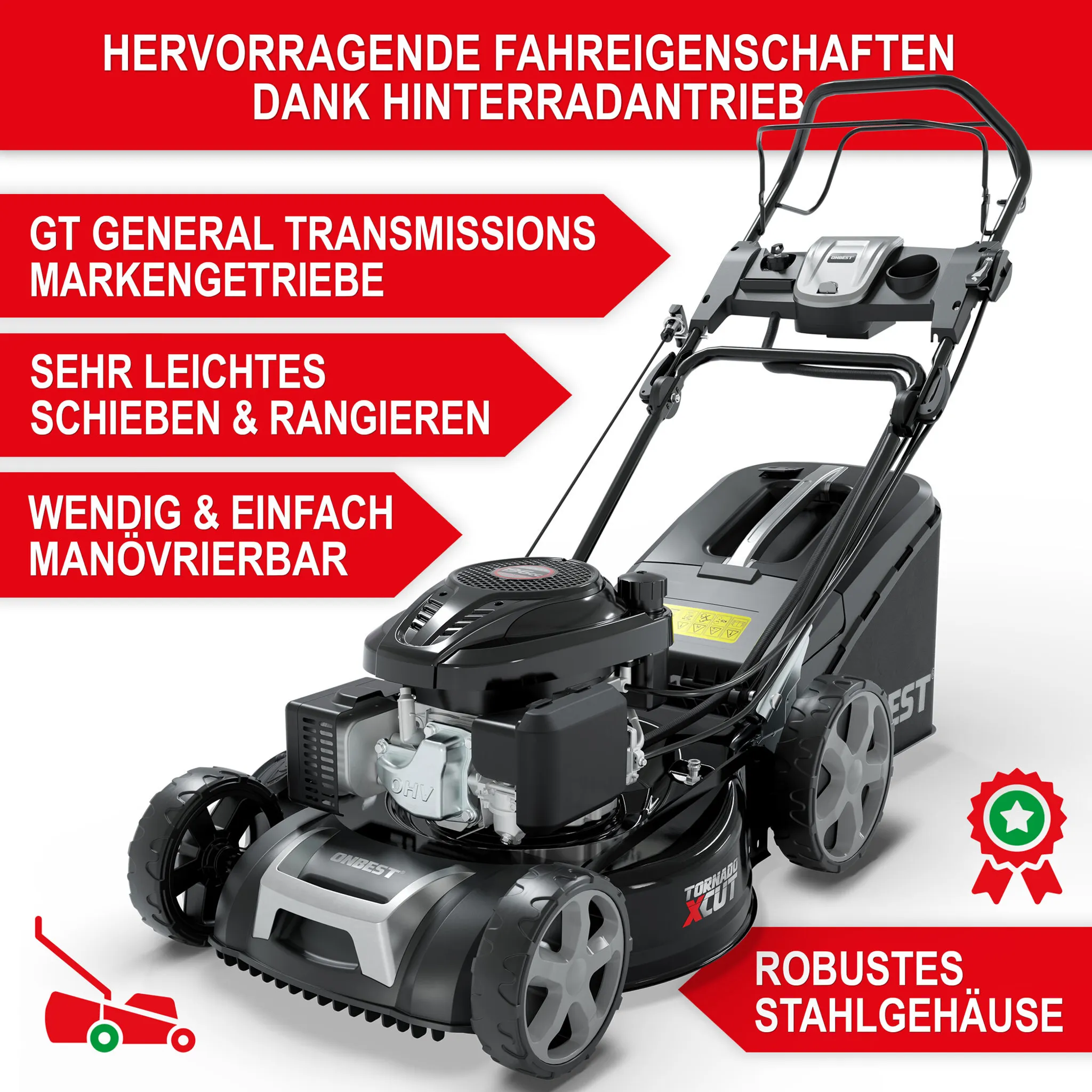 ONBEST Rasenmäher Benzin mit Antrieb TXC-3653E | 53 cm Schnittbreite | Elektrostart | 6,5 PS | Doppelmesser mit Sograd – Bild 10