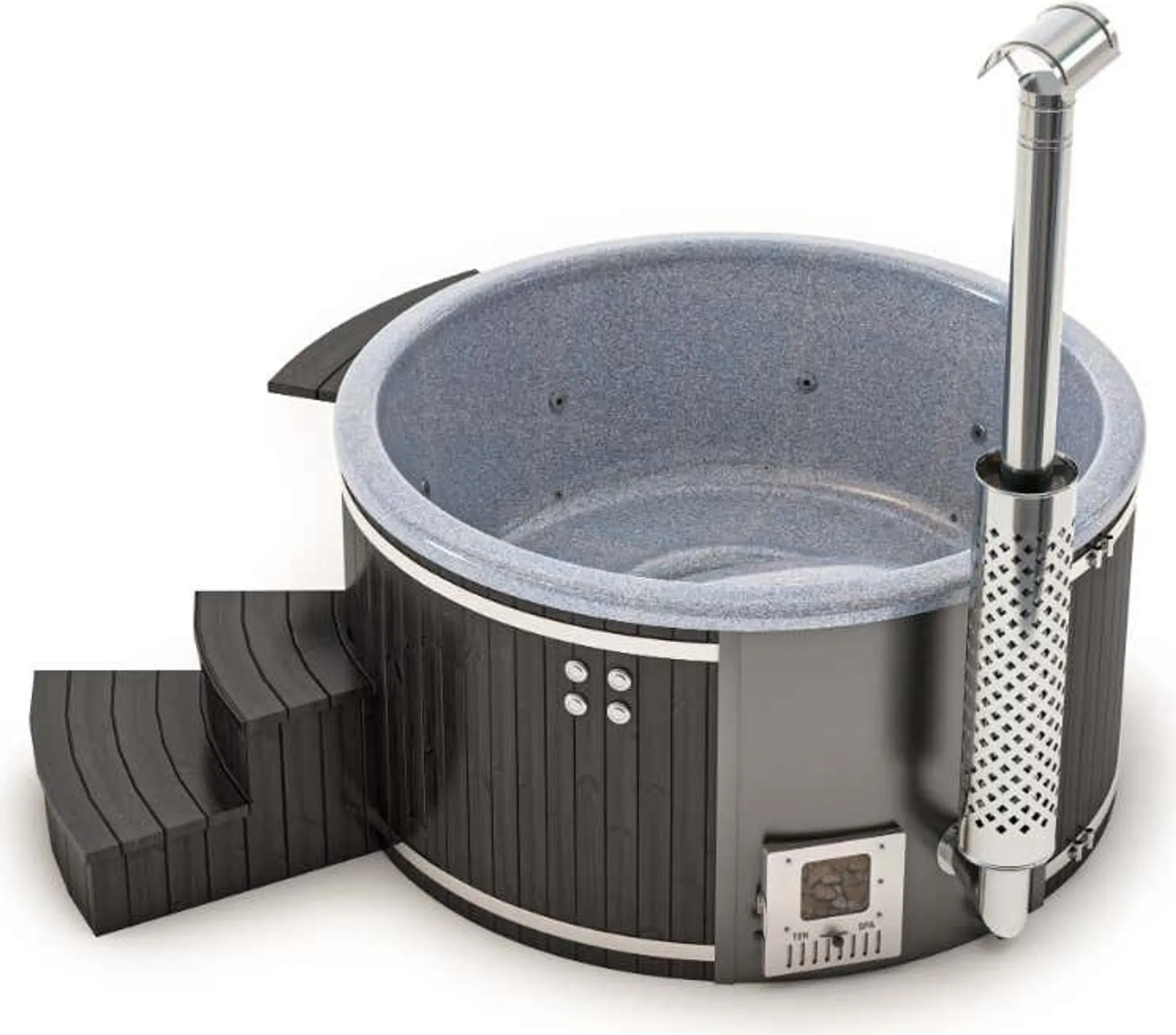 Finntherm Holz Badefass Stockholm aus Thermoholz, Whirlpool, Hot Tub Ø 200 cm, 8 Personen, inkl. Edelstahl-Ofen (30 kW), Minibar, Schwimmbecken, Badebottich