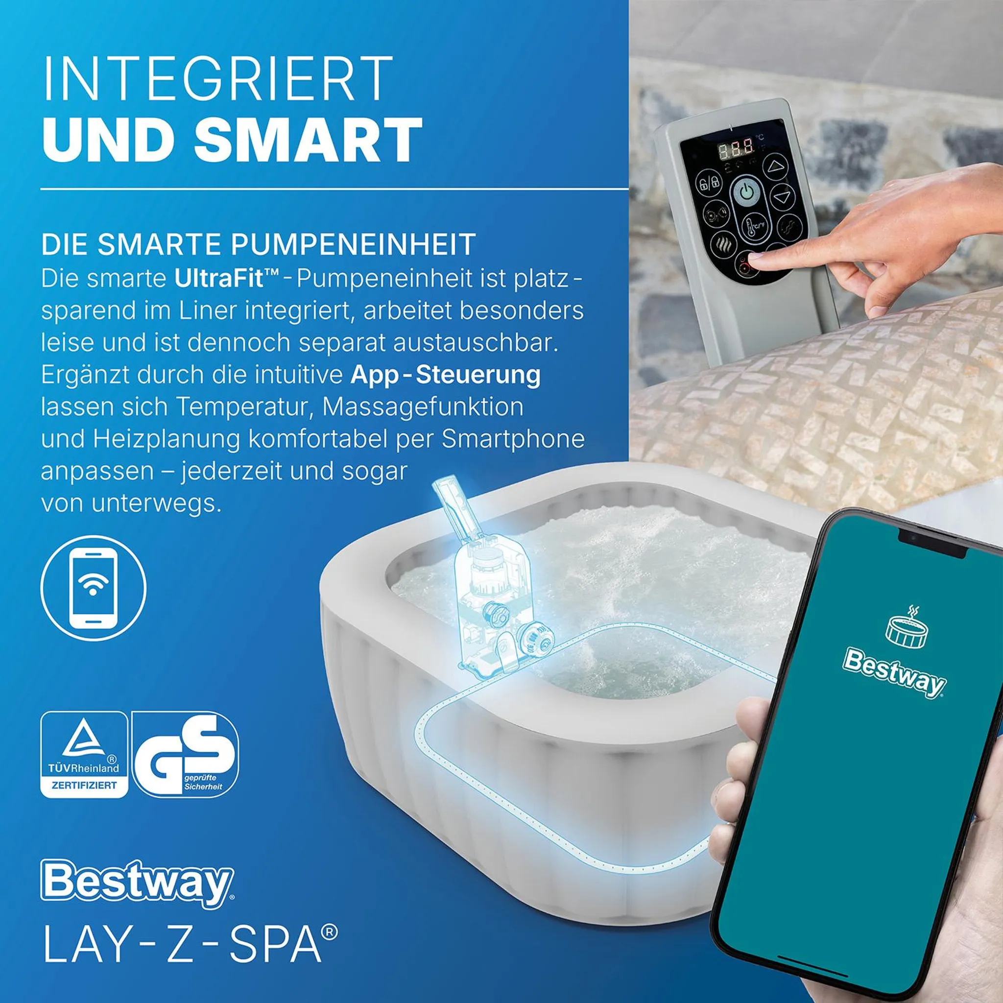 Bestway® LAY-Z-SPA® Energiespar-Whirlpool Rome AirJet™ mit App-Steuerung + integrierter UltraFit™ -Pumpeneinheit, für 7 Personen 201 x 201 x 71 cm, Sandmarmor-Optik – Bild 9