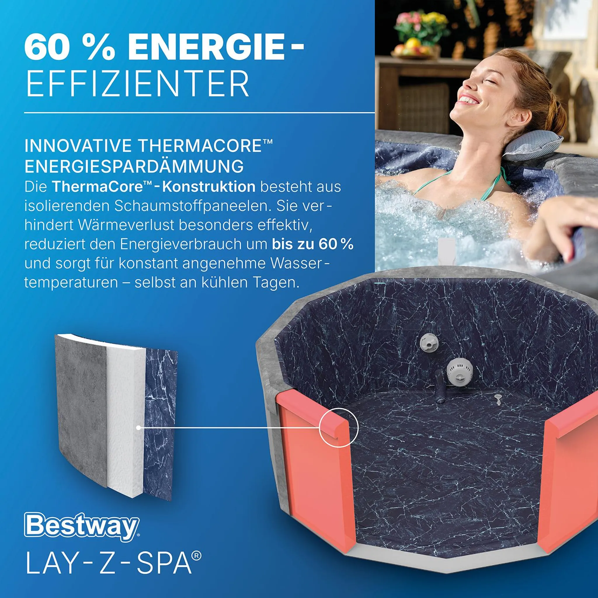 Bestway® LAY-Z-SPA® Energiespar-Whirlpool mitSchaumstoffpaneelen Carrara AirJet™ mit App-Steuerung + integrierter UltraFit™ -Pumpeneinheit, für 6 Personen Ø 170 x 65 cm, Dunkle Alabaster-Optik – Bild 7
